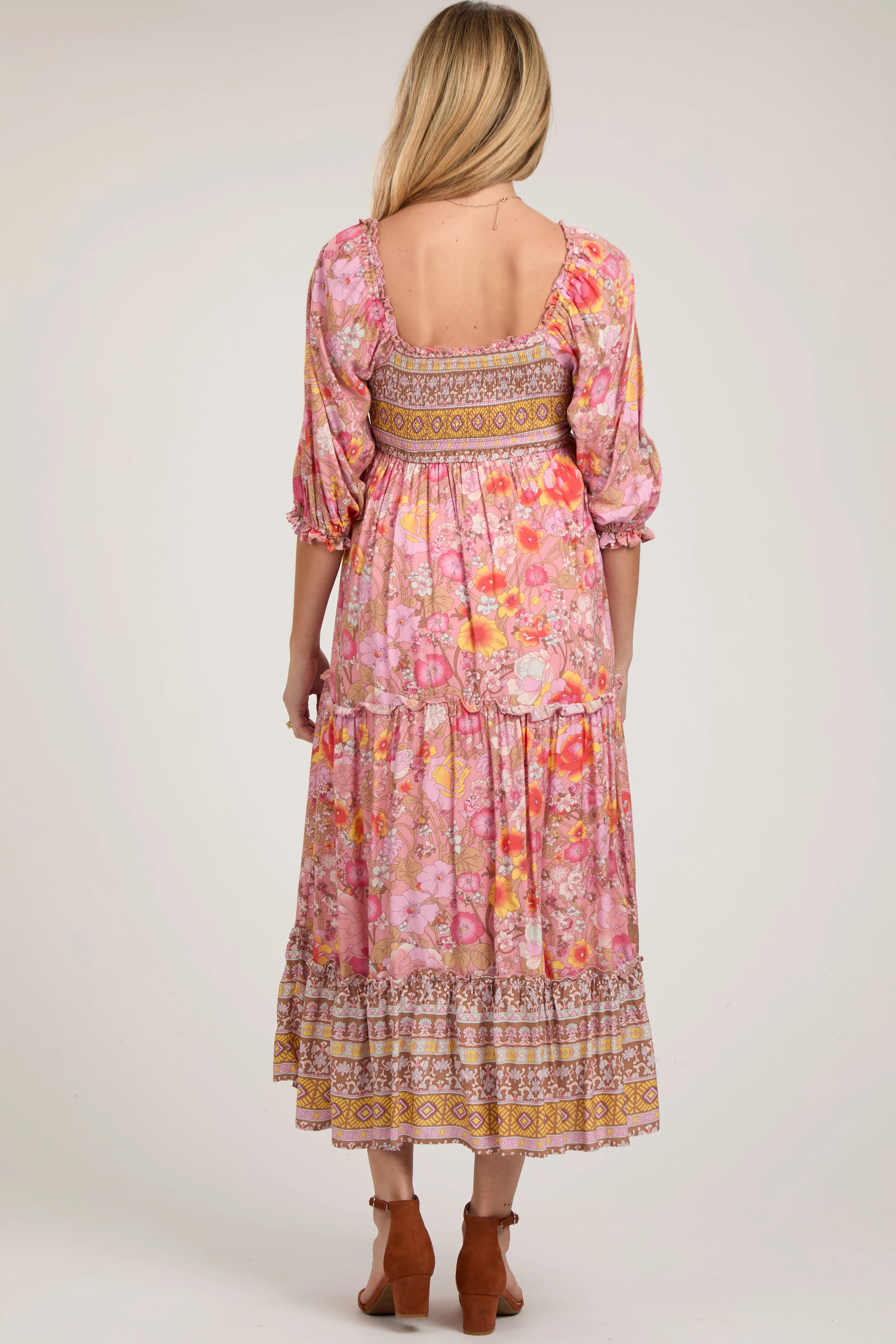 Pink Floral Smocked Half-Length Sleeves Maternity Midi Dress sold by Pinkblush product image thumbnail 3