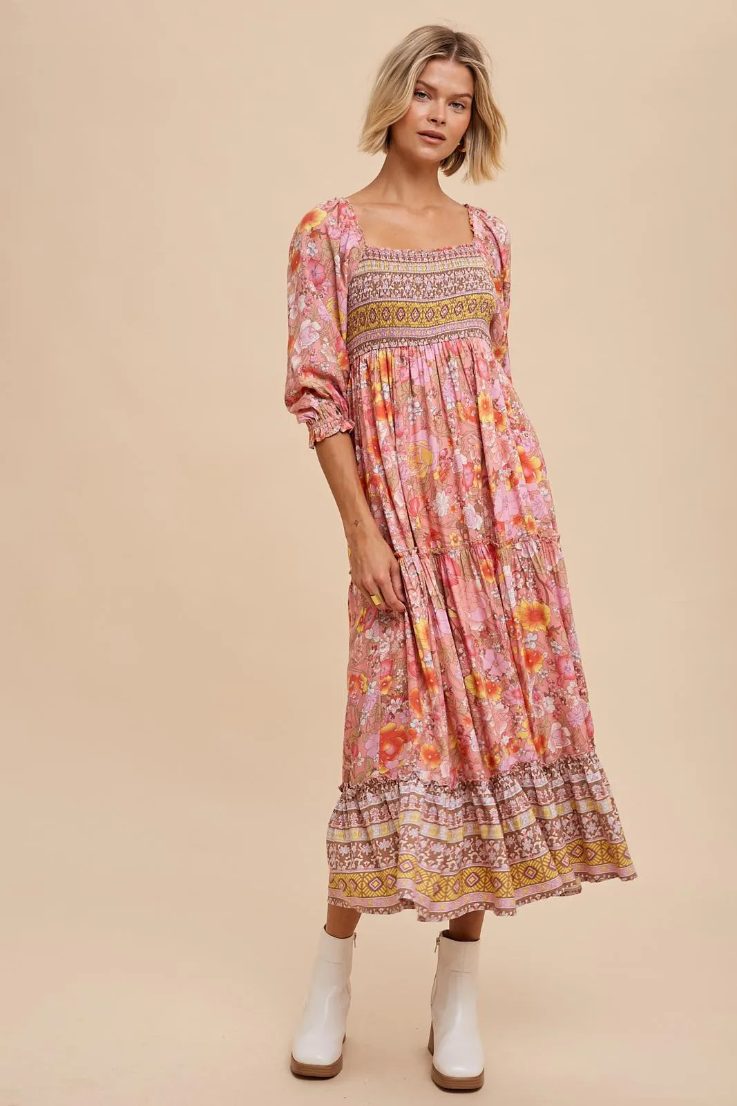 Pink Floral Smocked Half-Length Sleeves Maternity Midi Dress sold by Pinkblush product image thumbnail 4