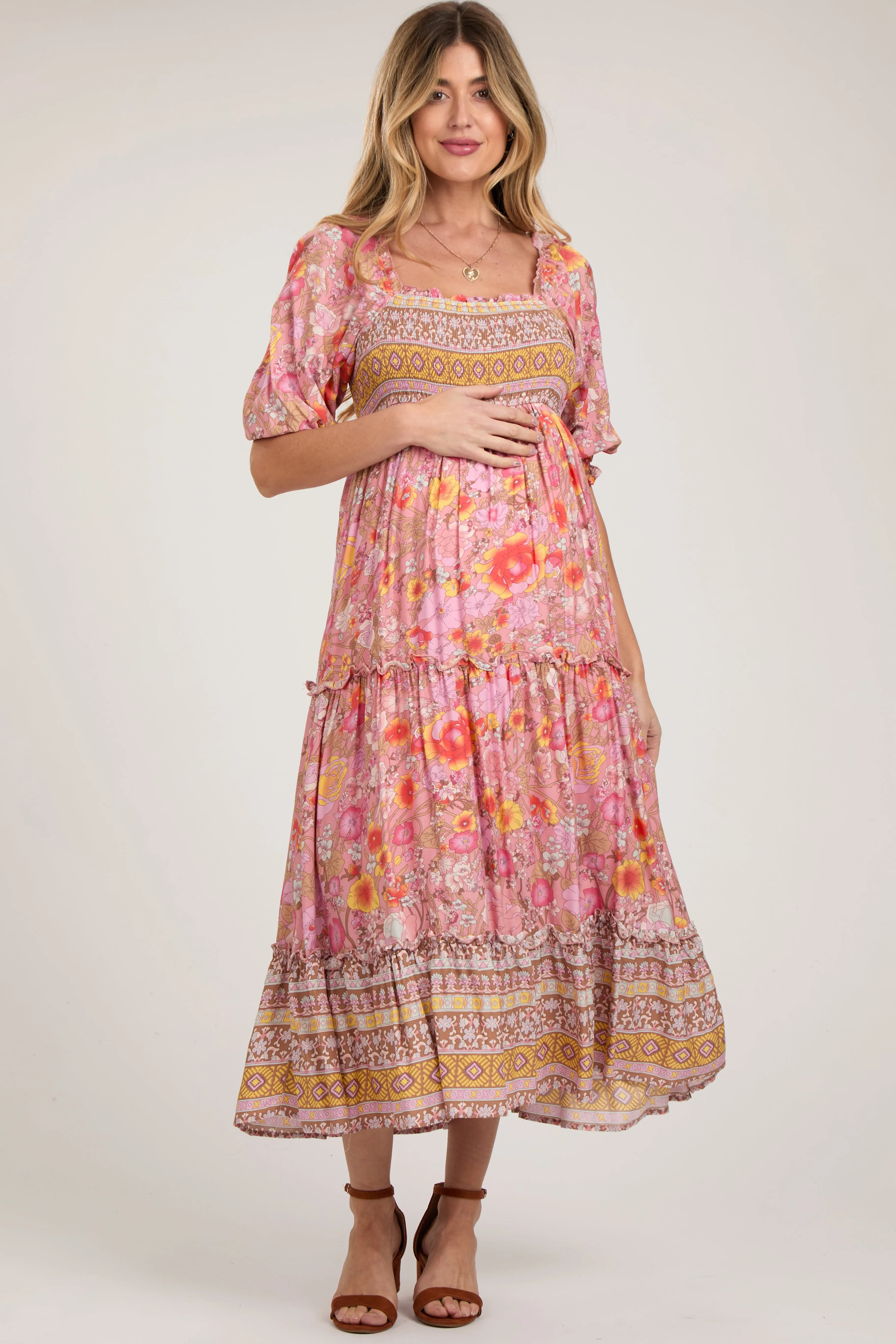 Pink Floral Smocked Half-Length Sleeves Maternity Midi Dress sold by Pinkblush
