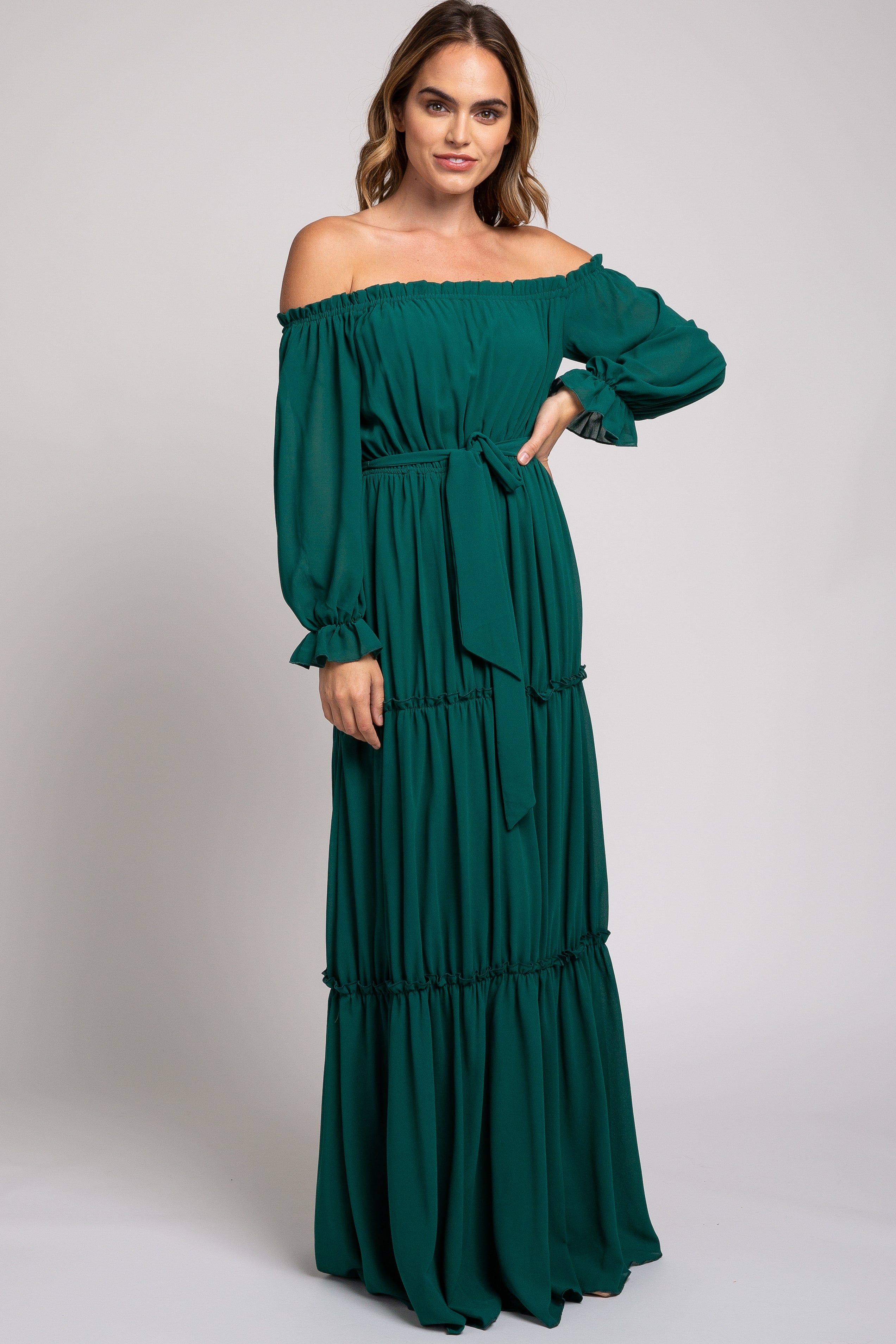 Forest Green Tiered Off Shoulder Maxi Dress sold by Pinkblush product image thumbnail 4