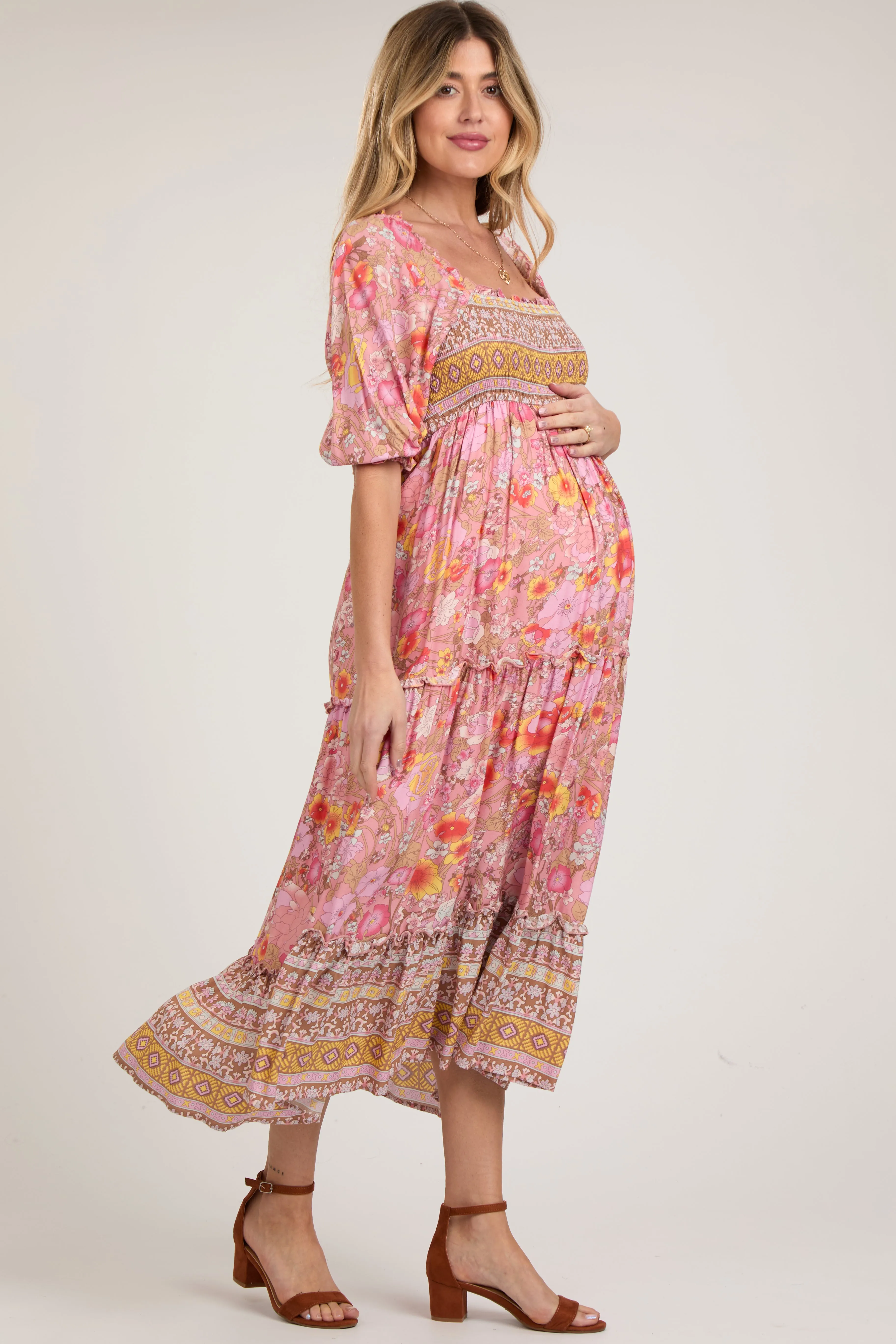 Pink Floral Smocked Half-Length Sleeves Maternity Midi Dress sold by Pinkblush product image thumbnail 2