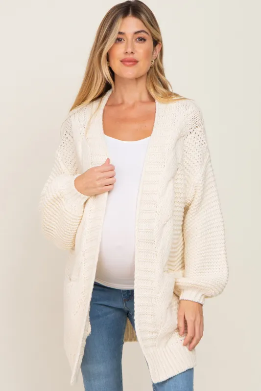 Cream Cable Knit Front Pocket Maternity Cardigan sold by Pinkblush