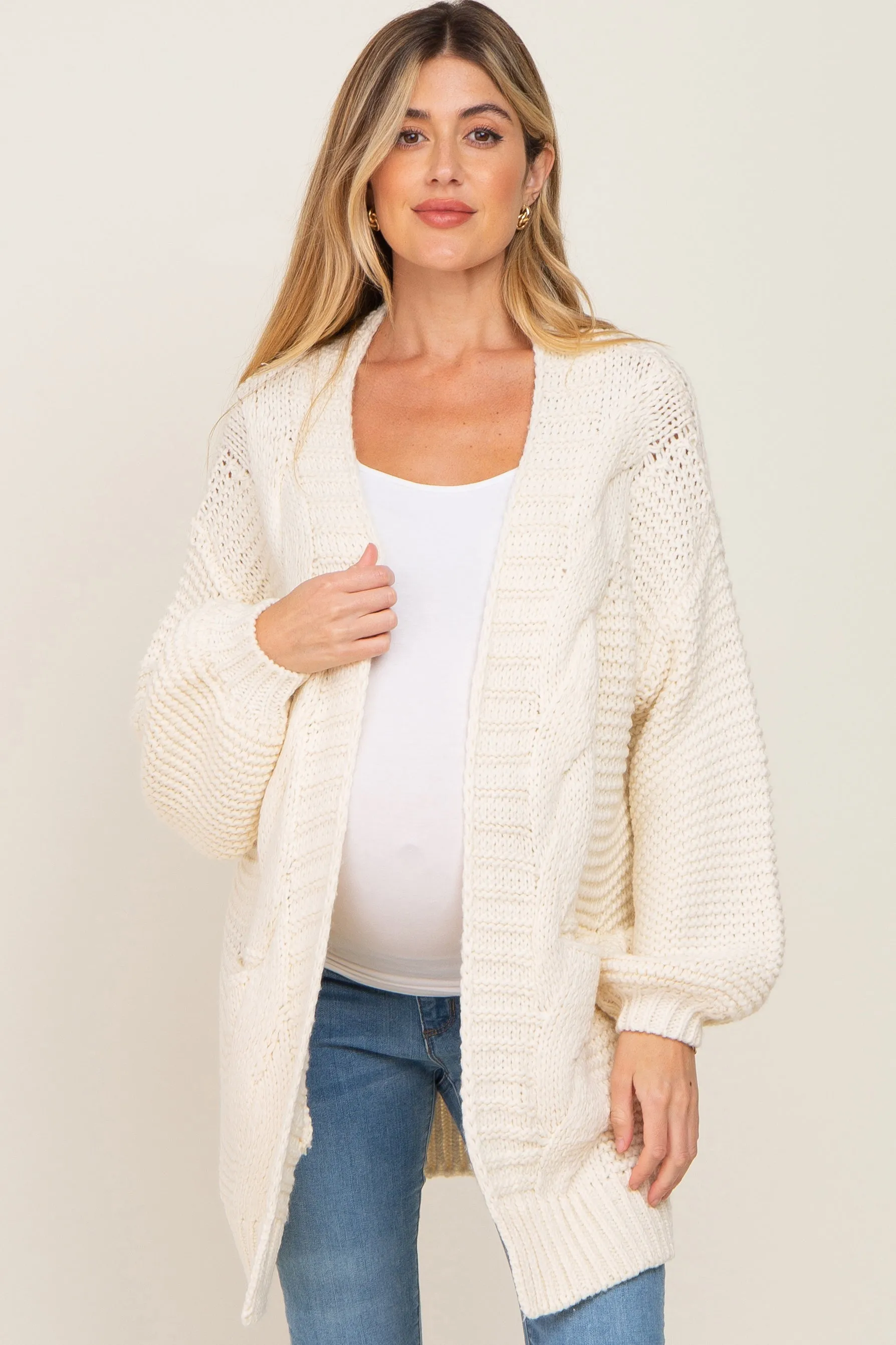 Cream Cable Knit Front Pocket Maternity Cardigan sold by Pinkblush