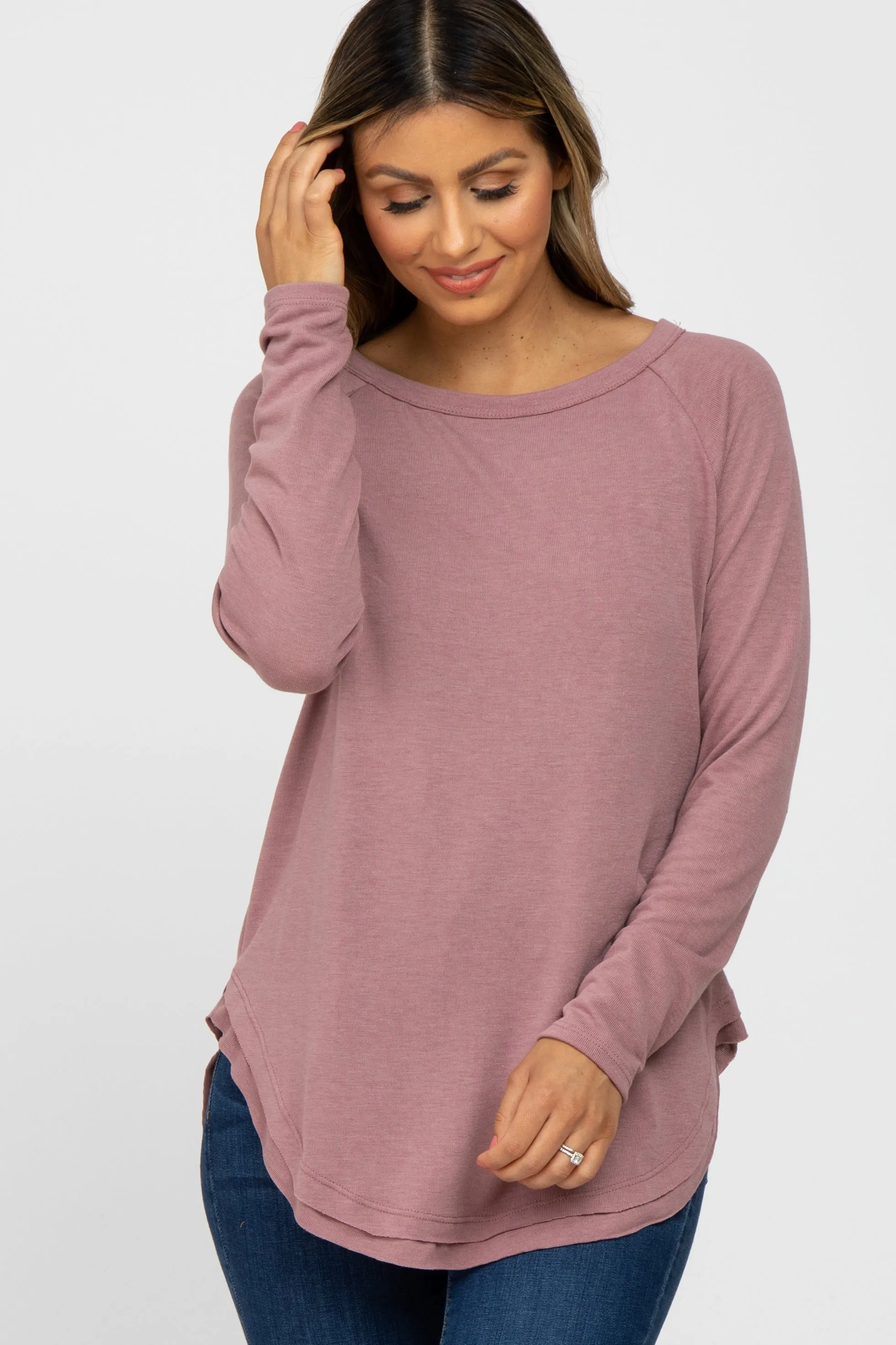 Mauve Hi-Low Rounded Raw Edge Hem Top sold by Pinkblush