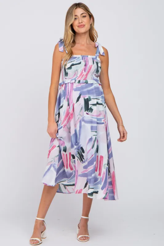 Lavender Multi-Colored Stroke Print Smocked Maternity Midi Dress sold by Pinkblush