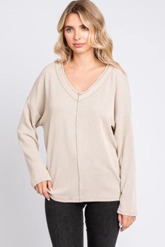 Taupe Ribbed V-Neck Long Sleeve Top sold by Pinkblush