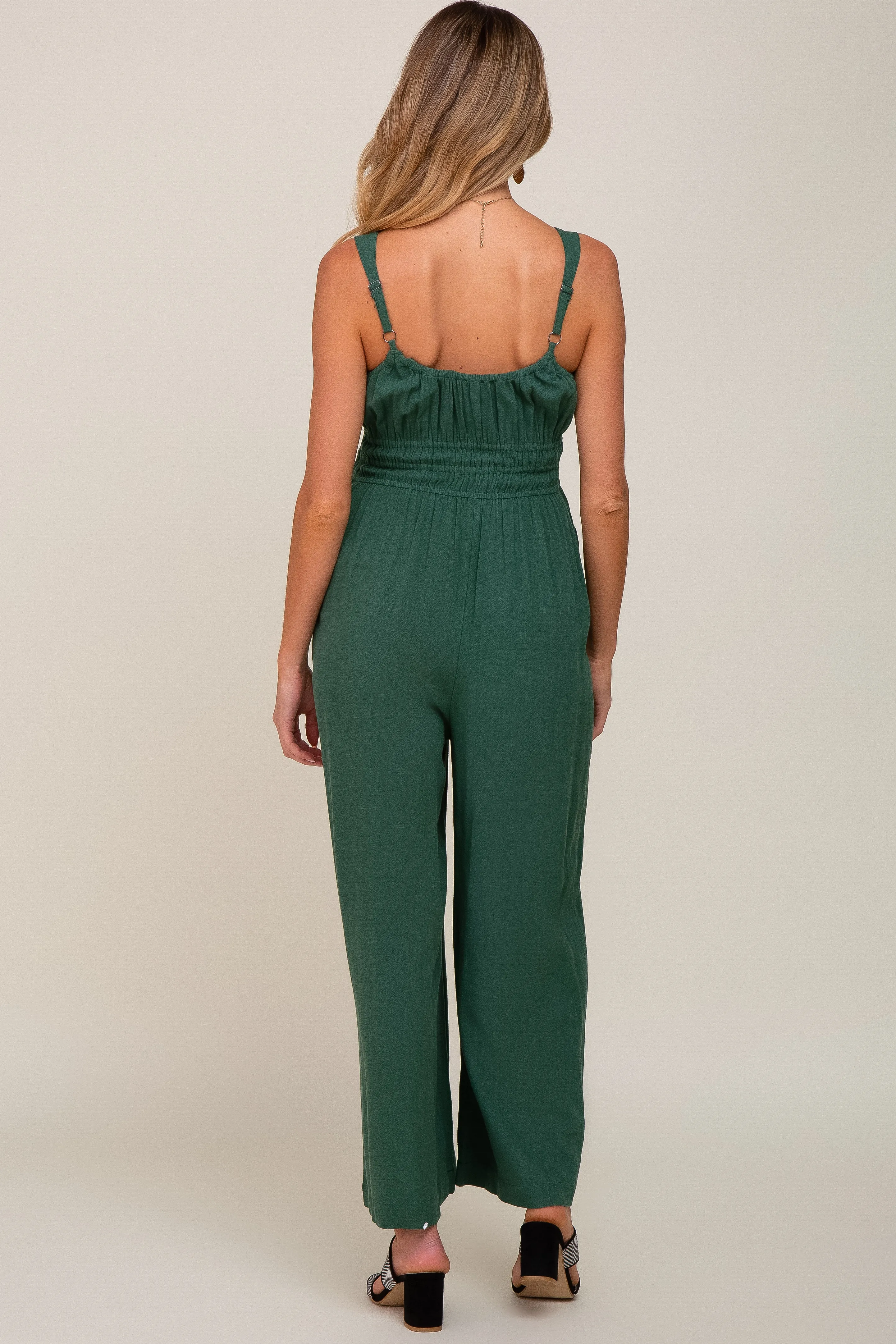 Green Smocked Square Neck Sleeveless Linen Maternity Jumpsuit sold by Pinkblush product image thumbnail 3
