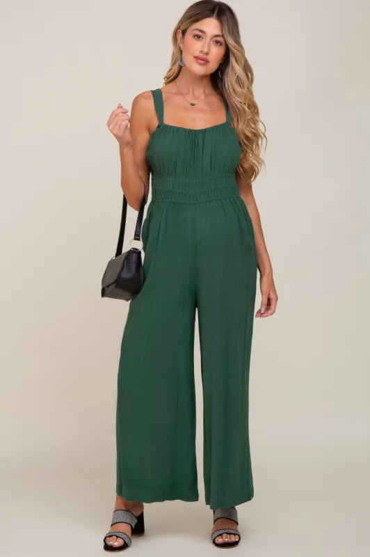 Green Smocked Square Neck Sleeveless Linen Maternity Jumpsuit sold by Pinkblush