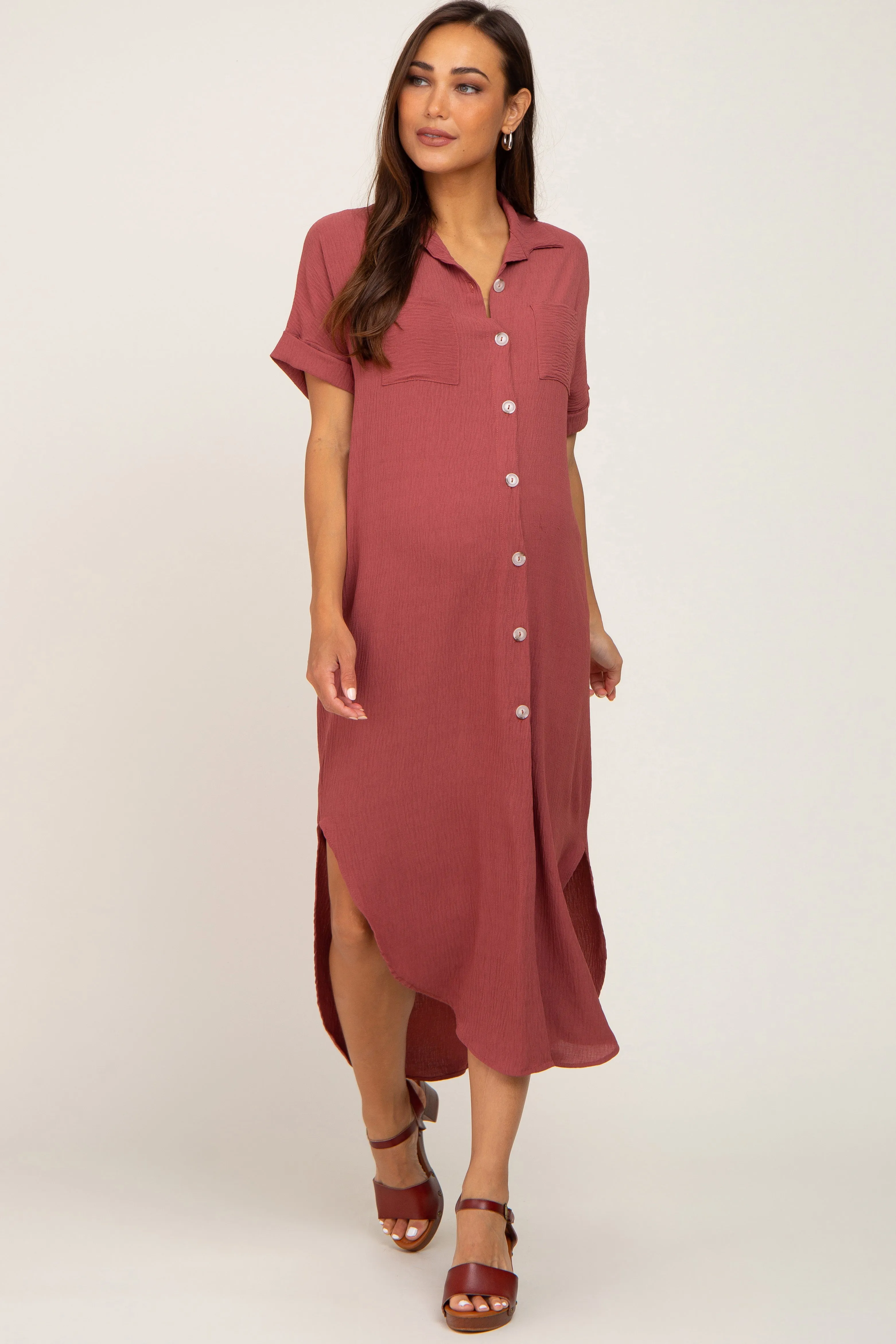 Rust Button Down Hi Low Maternity Maxi Dress sold by Pinkblush