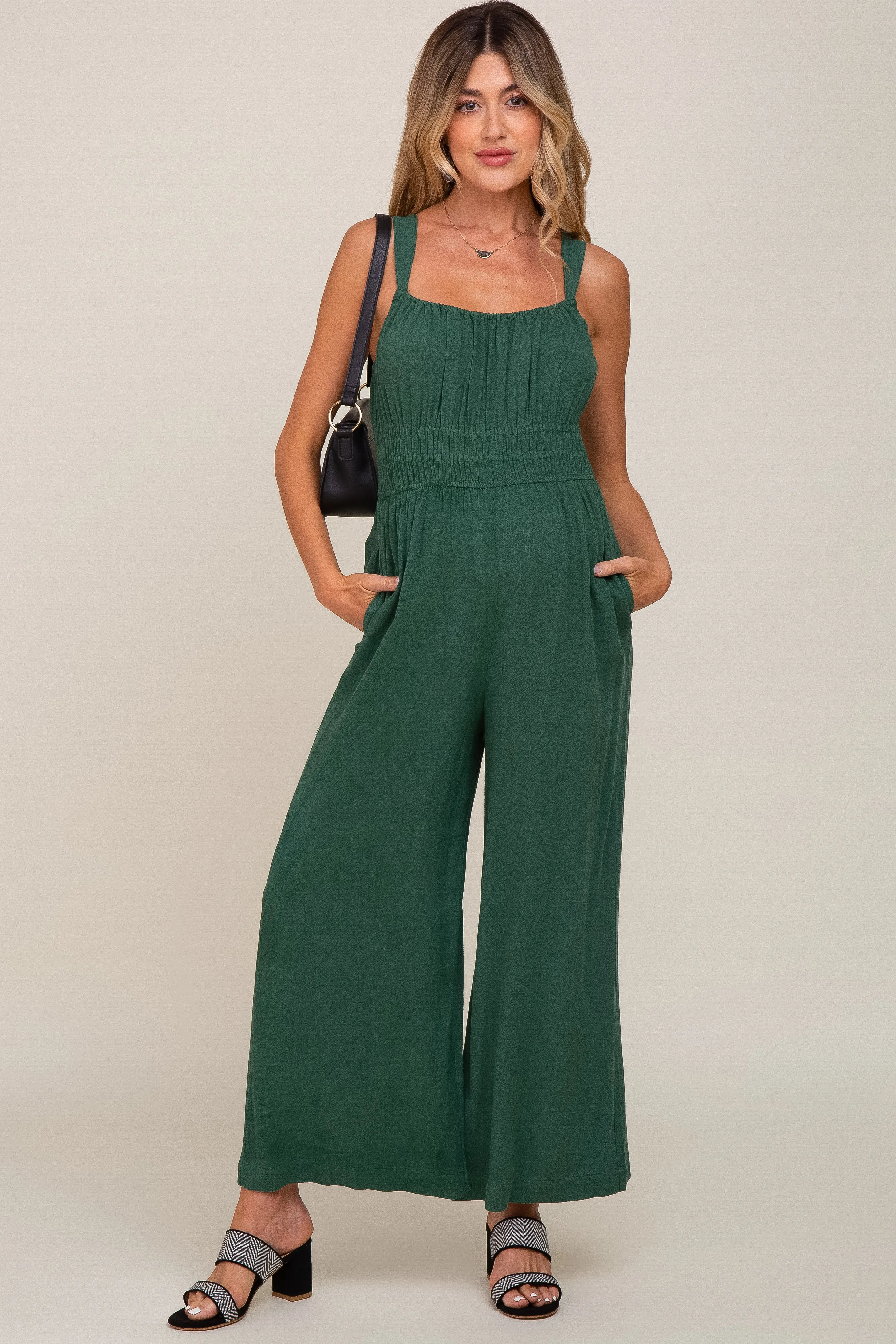 Green Smocked Square Neck Sleeveless Linen Maternity Jumpsuit sold by Pinkblush product image thumbnail 5