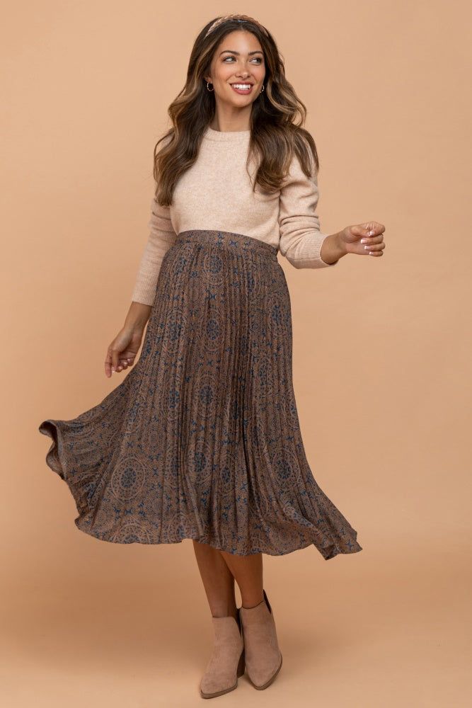 Navy Print Pleated Maternity Midi Skirt sold by Pinkblush