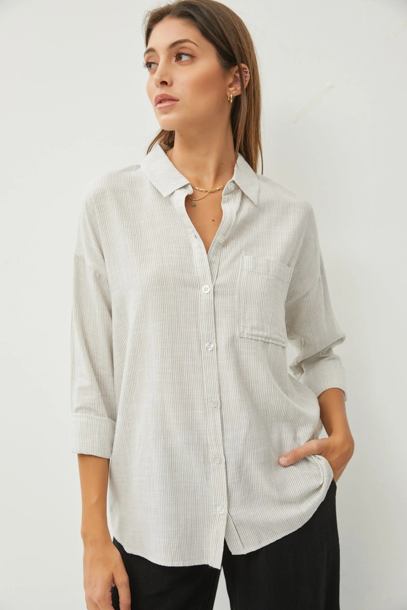 Grey Striped Basic Button Down Top sold by Pinkblush