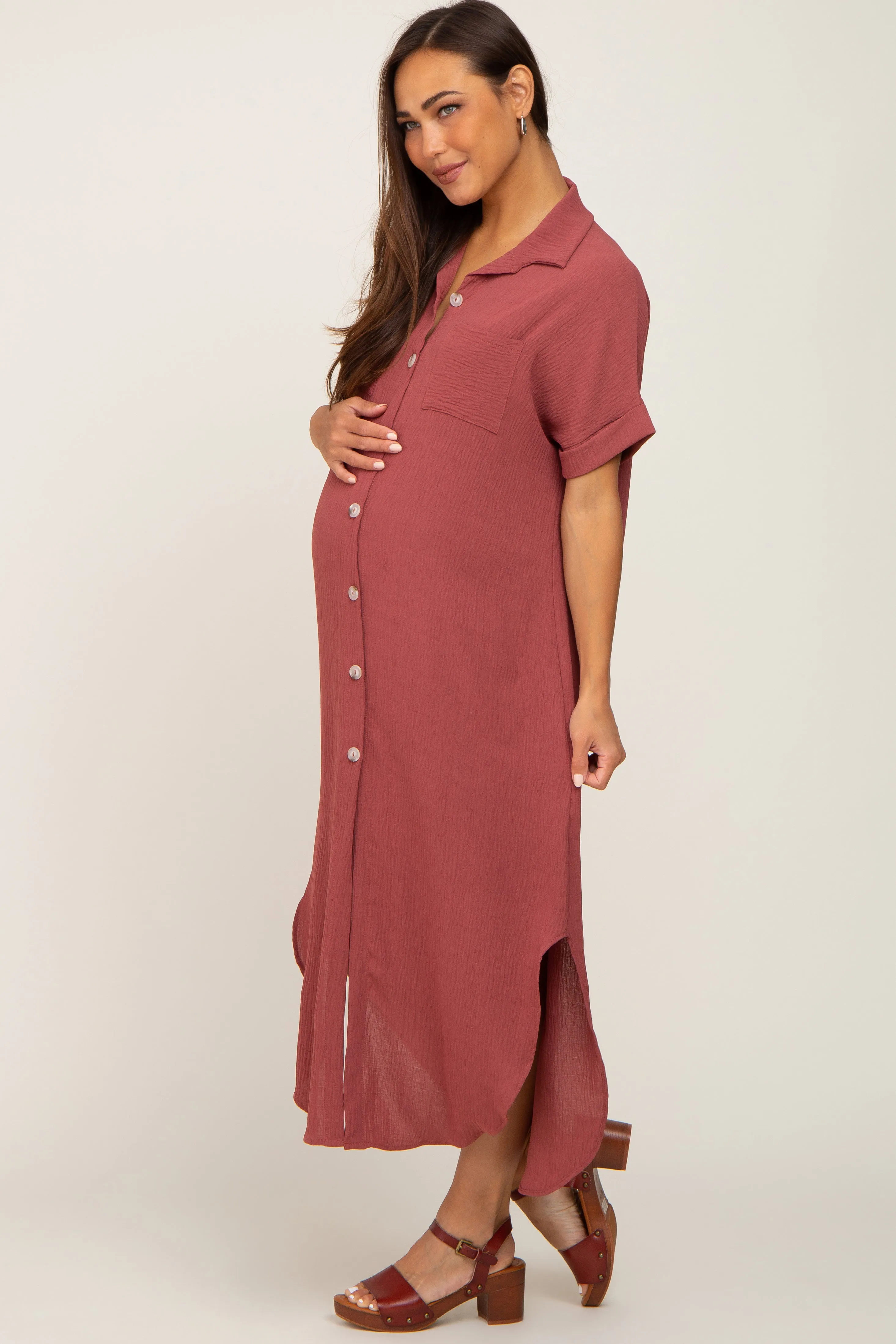 Rust Button Down Hi Low Maternity Maxi Dress sold by Pinkblush product image thumbnail 2