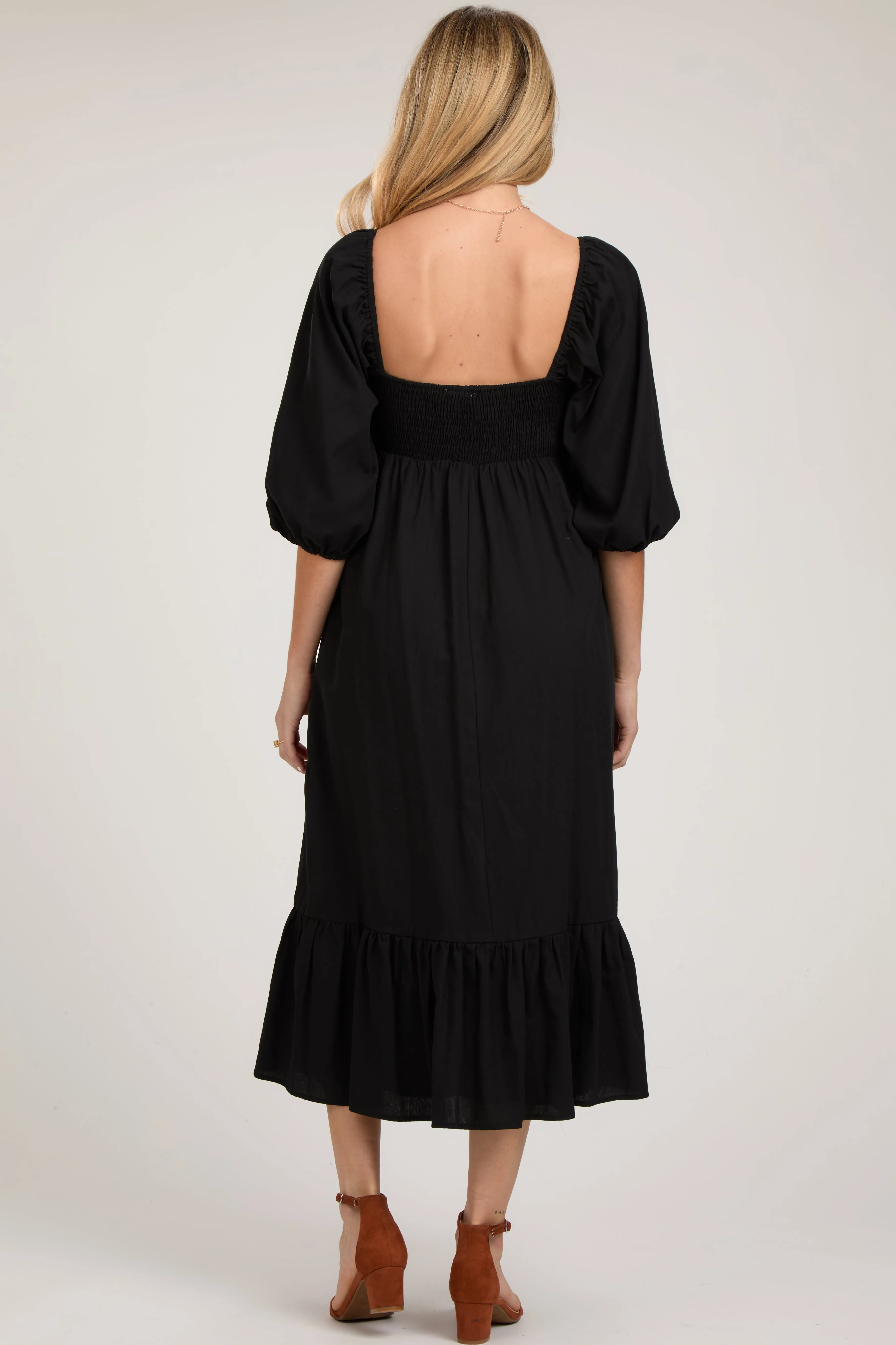 Black Square Neck Puff Sleeve Maternity Midi Dress sold by Pinkblush product image thumbnail 3