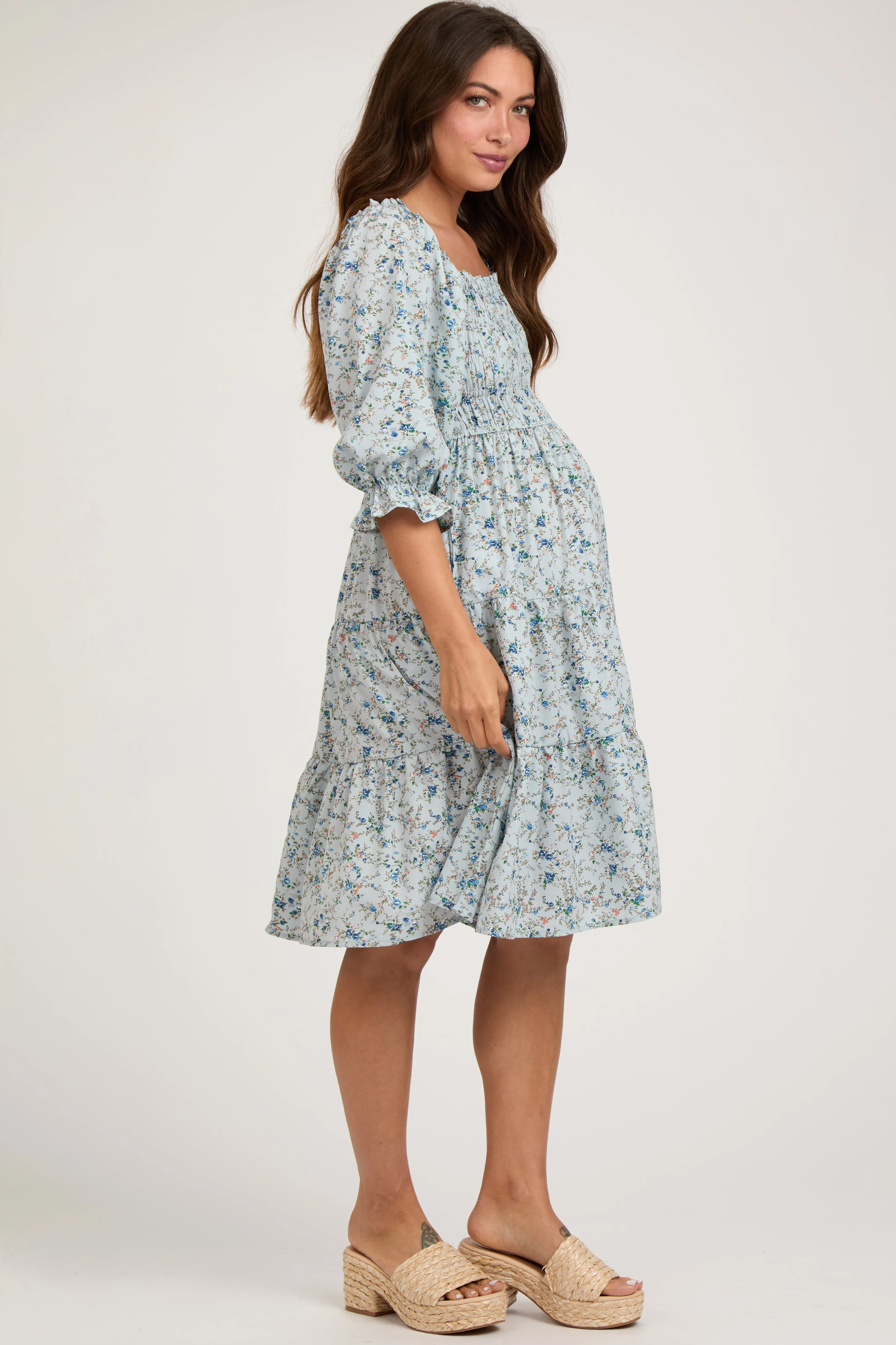 Light Blue Floral Smocked Maternity Knee Length Dress sold by Pinkblush product image thumbnail 2