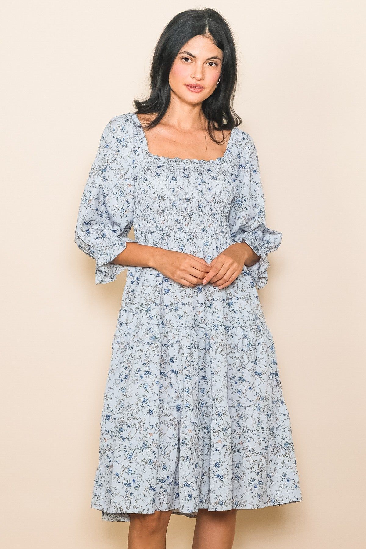 Light Blue Floral Smocked Maternity Knee Length Dress sold by Pinkblush product image thumbnail 4