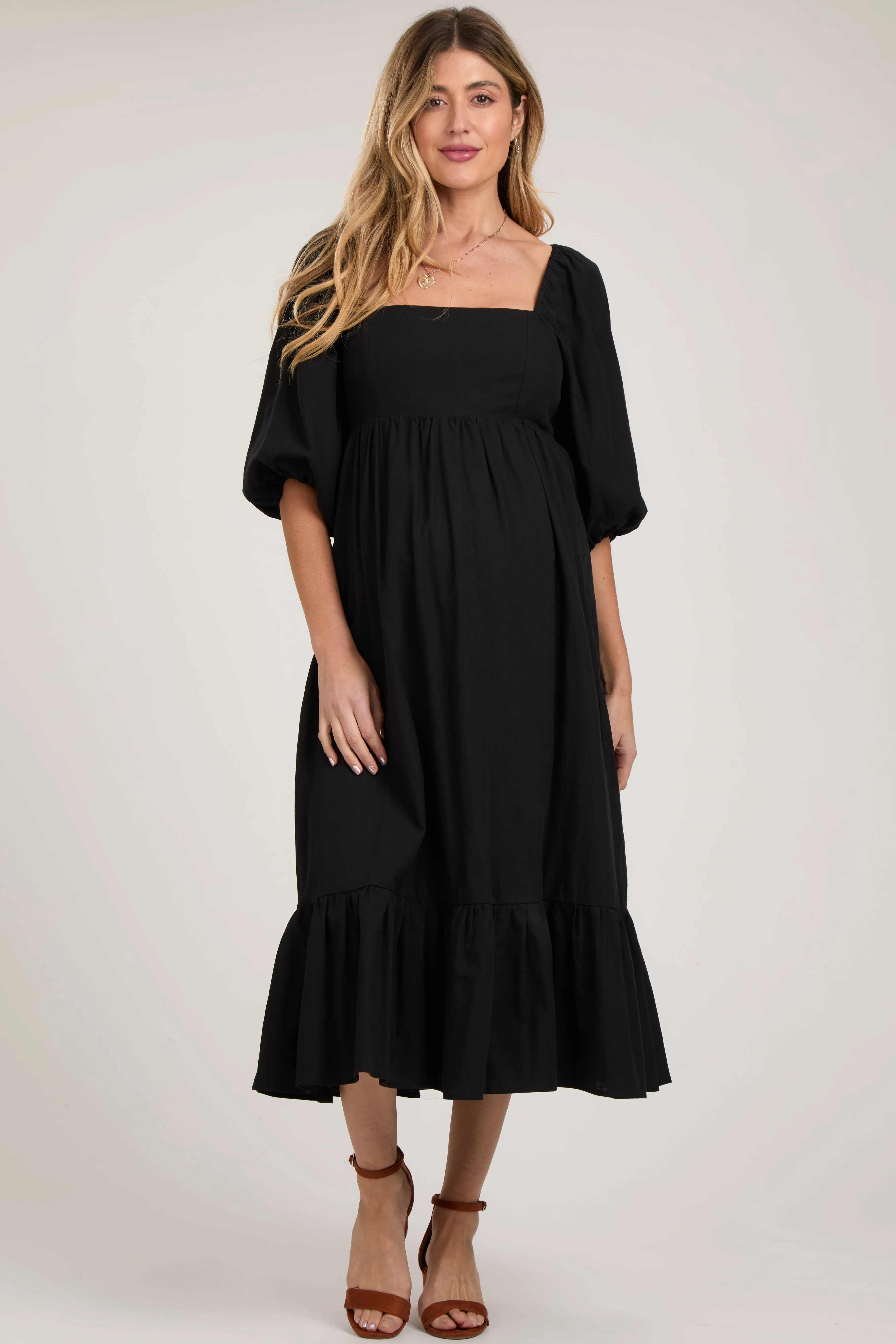 Black Square Neck Puff Sleeve Maternity Midi Dress sold by Pinkblush