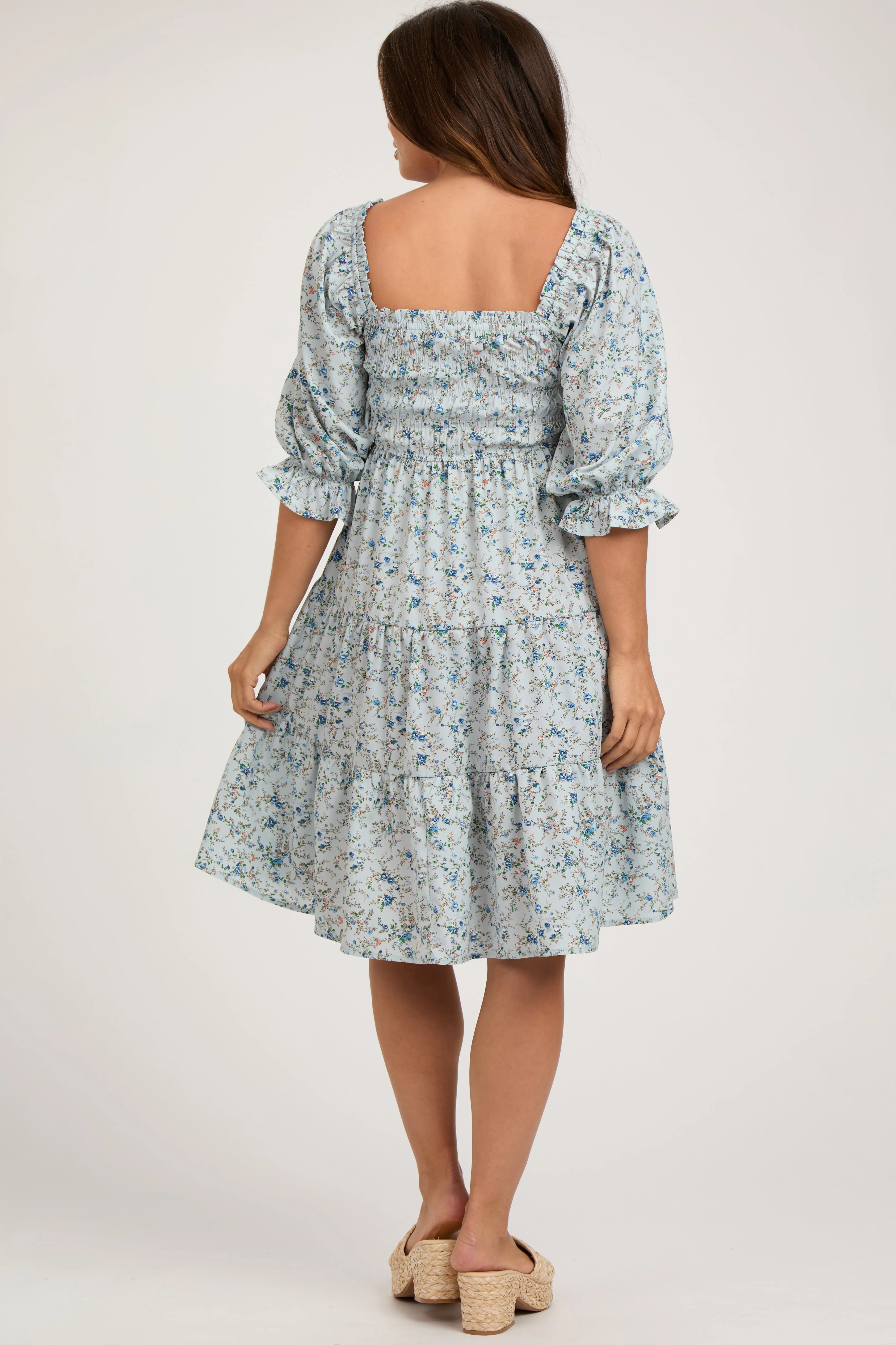 Light Blue Floral Smocked Maternity Knee Length Dress sold by Pinkblush product image thumbnail 3