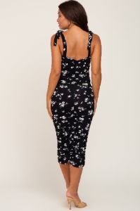 Black Floral Sleeveless Ruched Maternity Midi Dress sold by Pinkblush