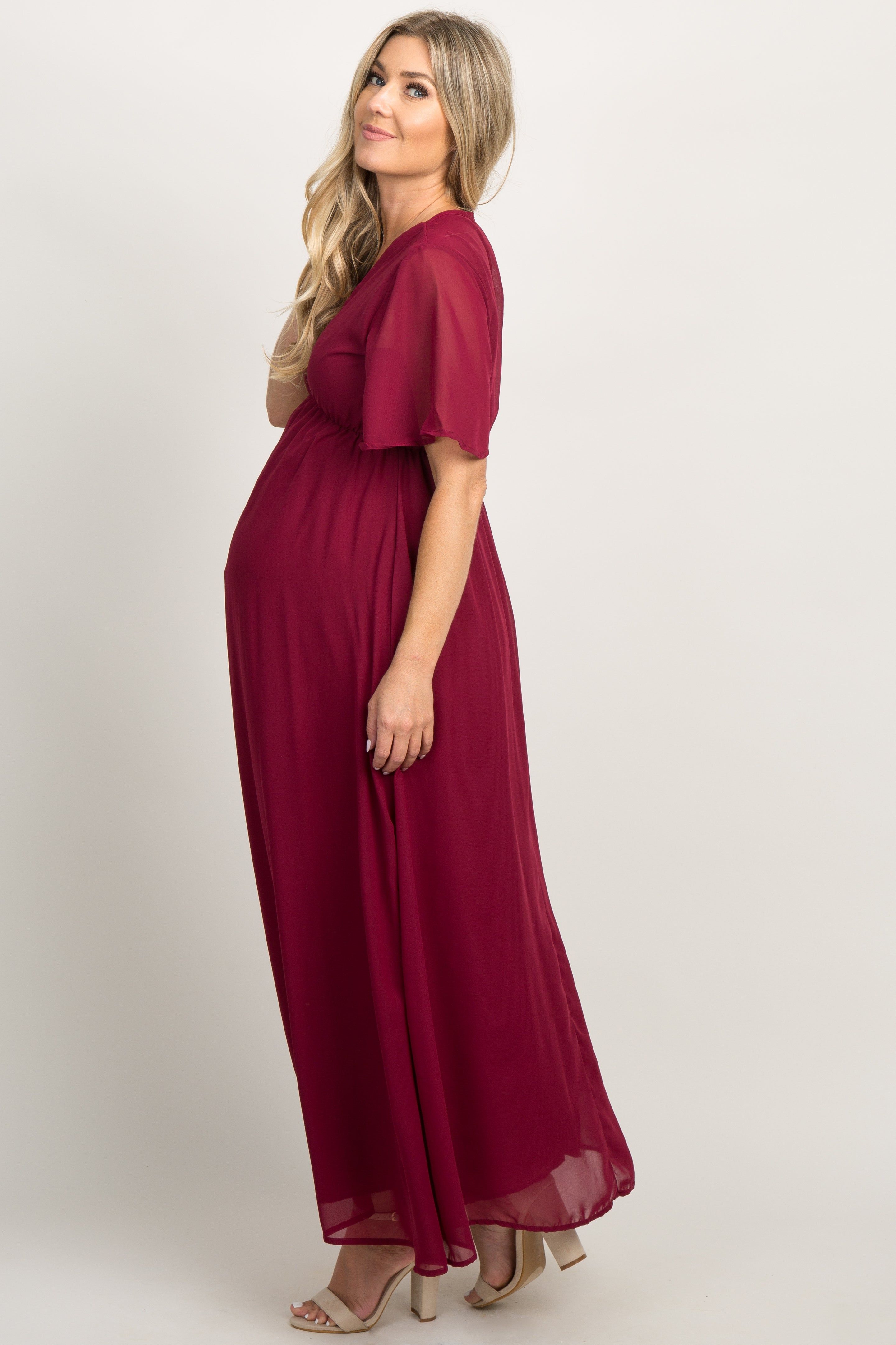 Burgundy Chiffon Bell Sleeve Maternity Maxi Dress sold by Pinkblush product image thumbnail 2