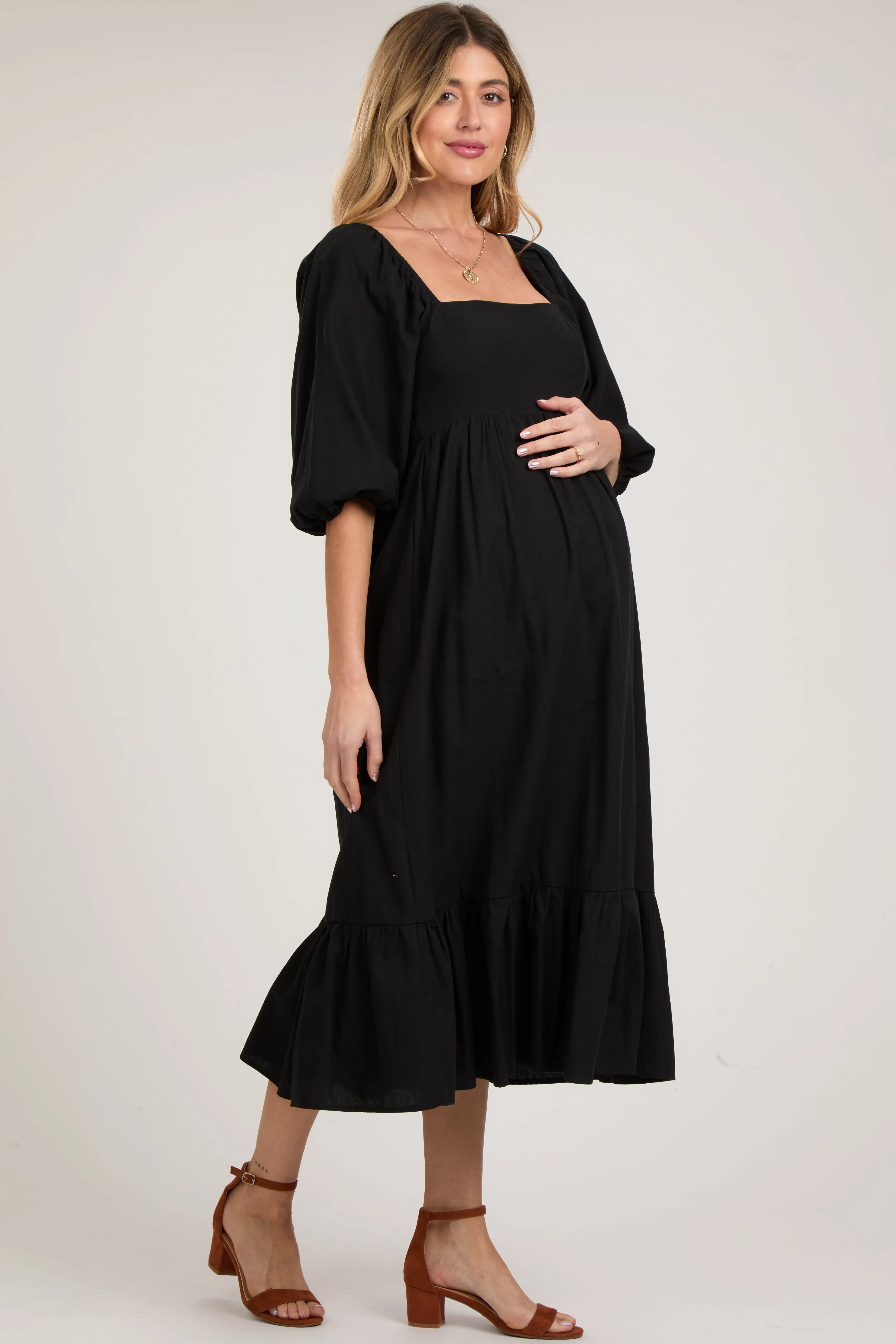 Black Square Neck Puff Sleeve Maternity Midi Dress sold by Pinkblush product image thumbnail 2