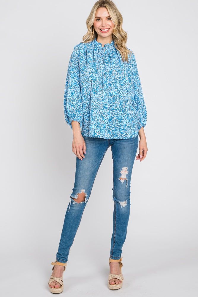 Aqua Floral Ruffle Neck Blouse sold by Pinkblush product image thumbnail 4
