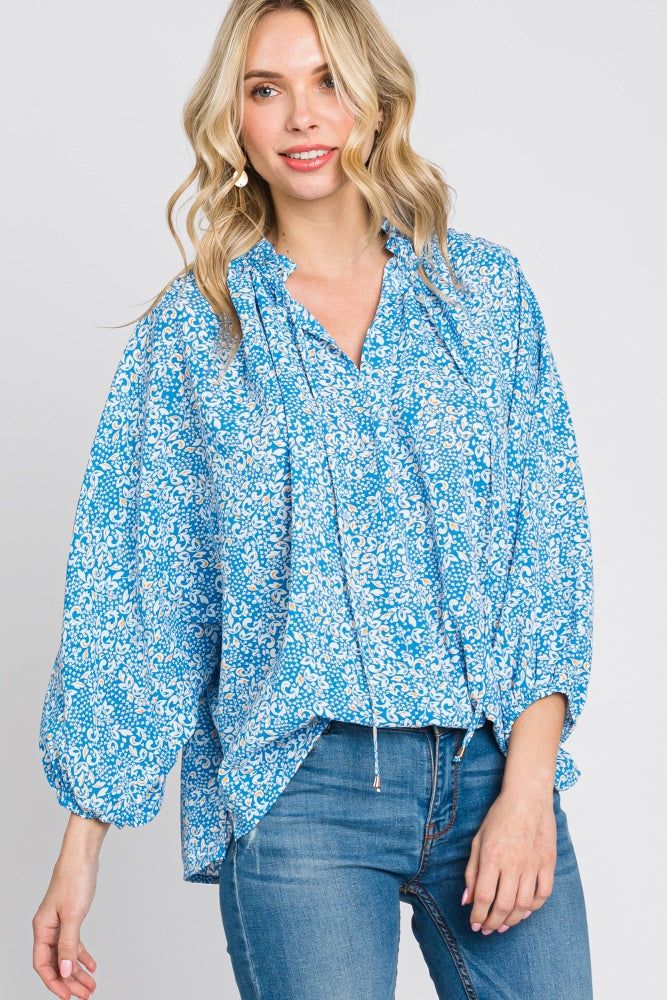 Aqua Floral Ruffle Neck Blouse sold by Pinkblush