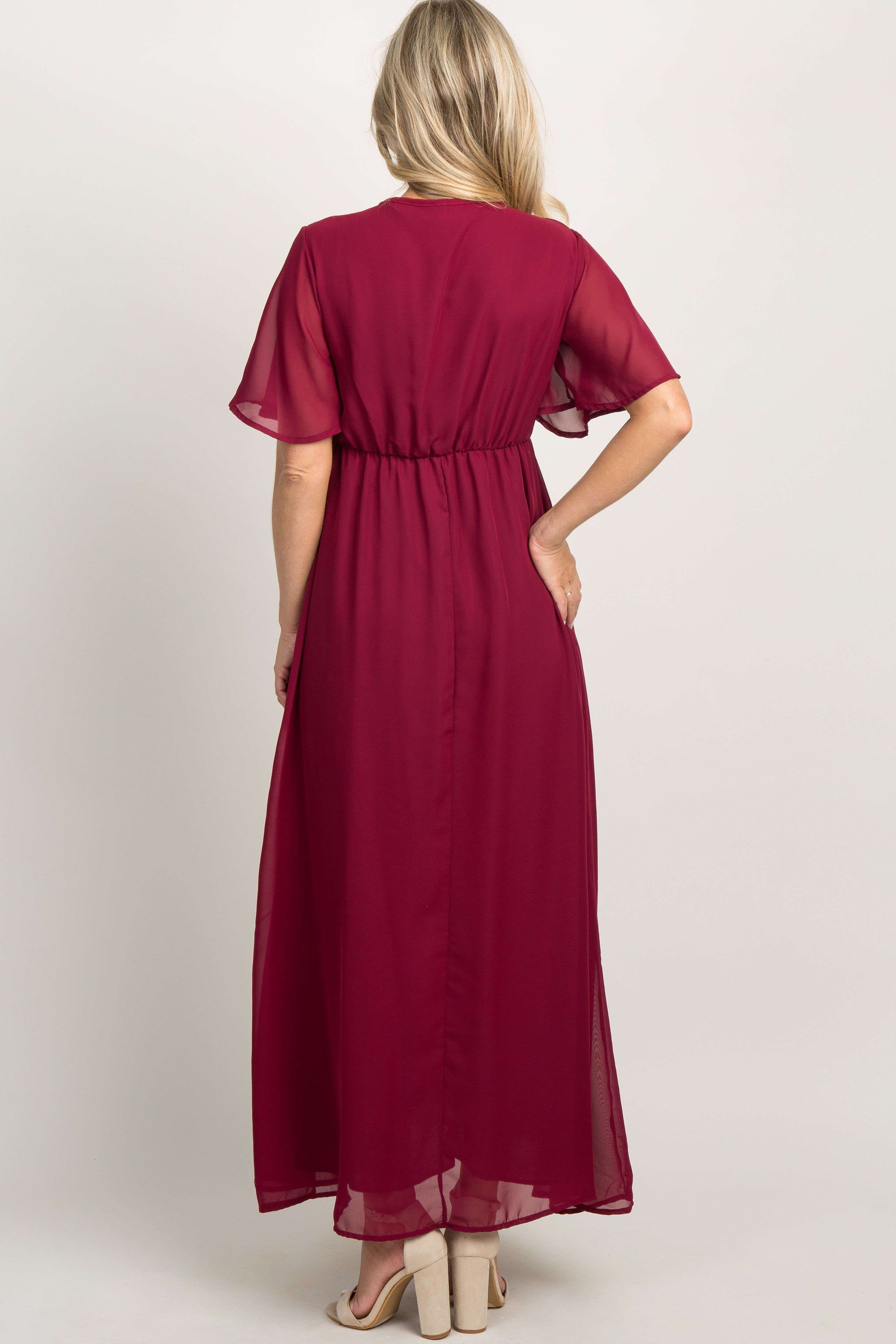 Burgundy Chiffon Bell Sleeve Maternity Maxi Dress sold by Pinkblush product image thumbnail 3