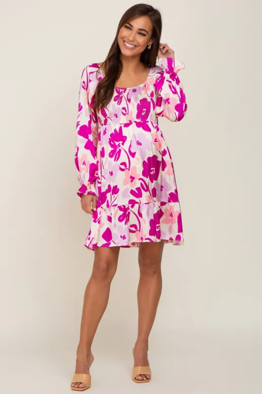 Purple Floral Satin Tiered Smocked Maternity Dress sold by Pinkblush