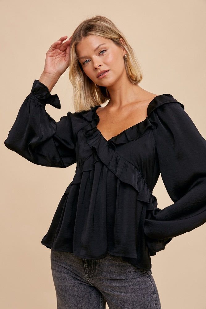 Black Washed Satin Cross Ruffled Long Sleeve Blouse sold by Pinkblush product image thumbnail 2