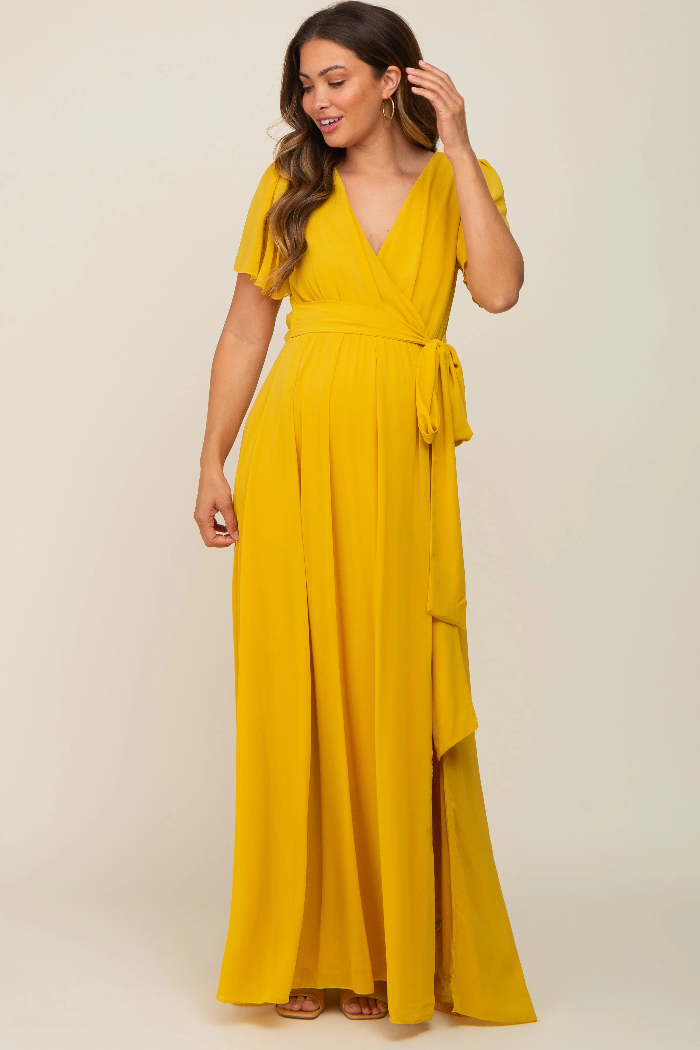 Yellow Chiffon Short Sleeve Wrap V-Neck Front Slit Maternity Maxi Dress sold by Pinkblush product image thumbnail 4