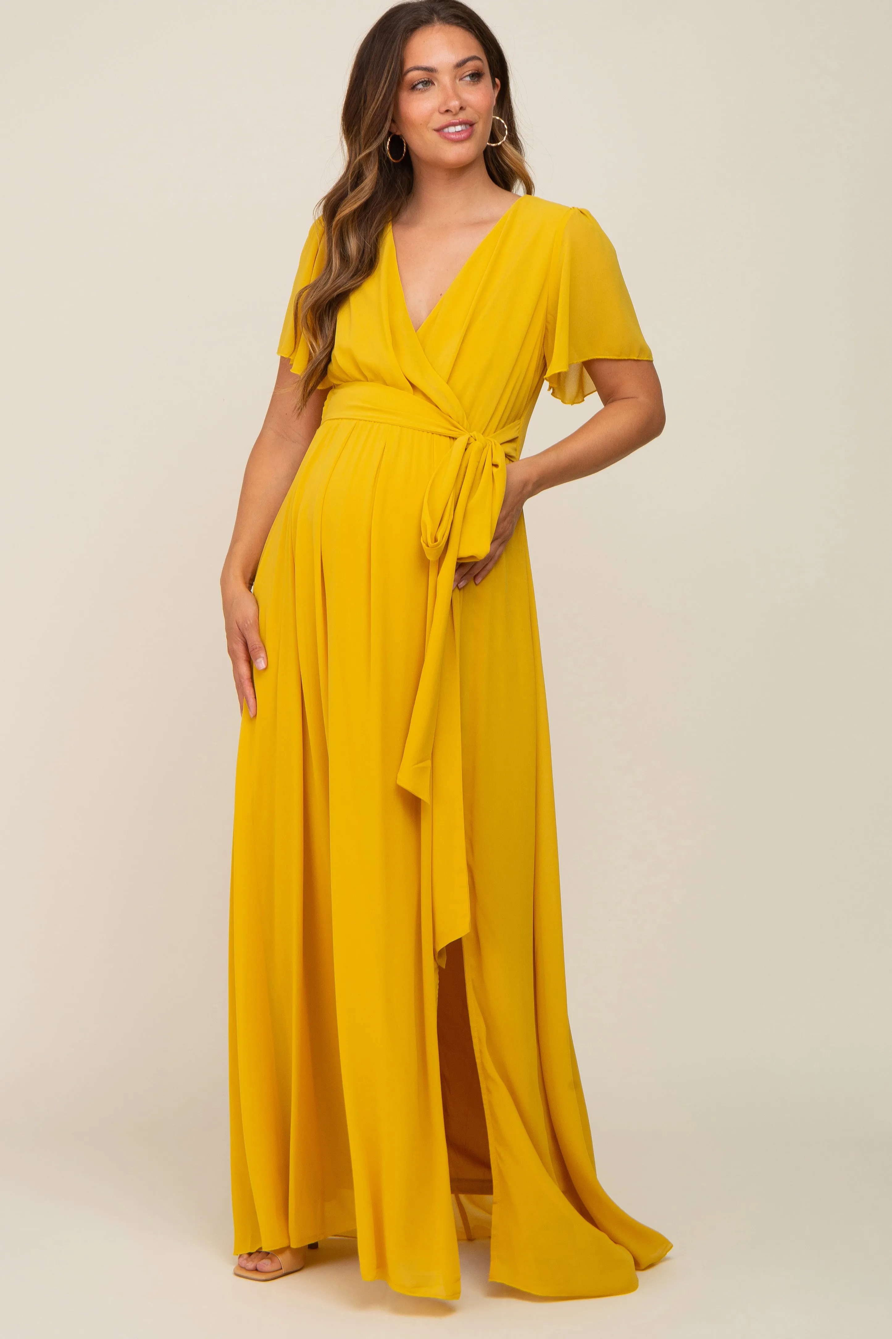 Yellow Chiffon Short Sleeve Wrap V-Neck Front Slit Maternity Maxi Dress sold by Pinkblush