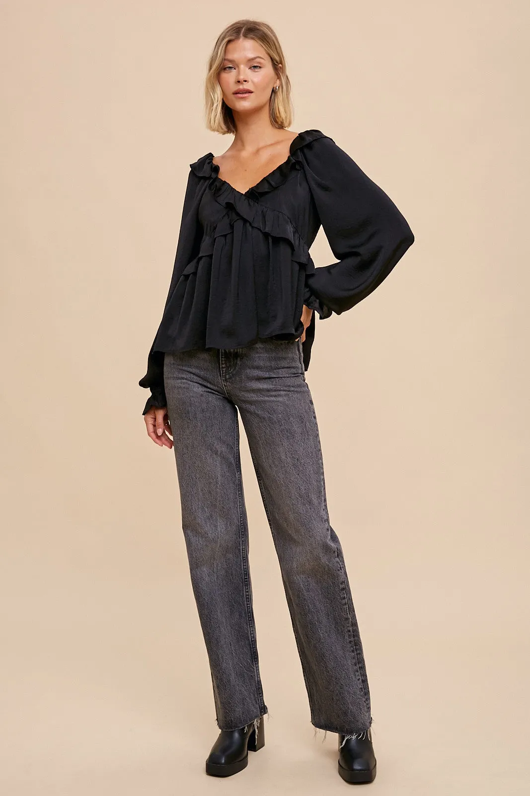 Black Washed Satin Cross Ruffled Long Sleeve Blouse sold by Pinkblush product image thumbnail 4
