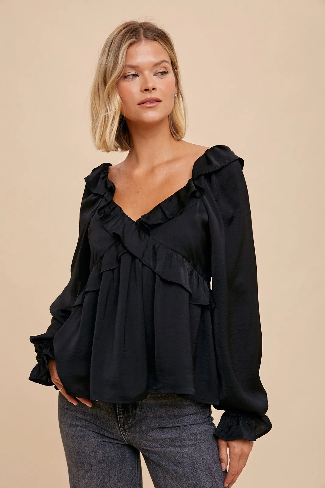 Black Washed Satin Cross Ruffled Long Sleeve Blouse sold by Pinkblush