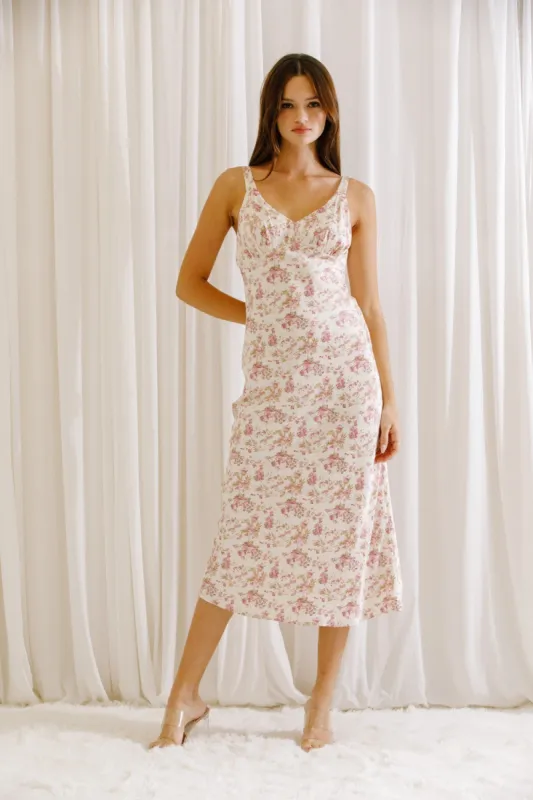 Cream Floral Romantic Print Bodycon Midi Dress sold by Pinkblush