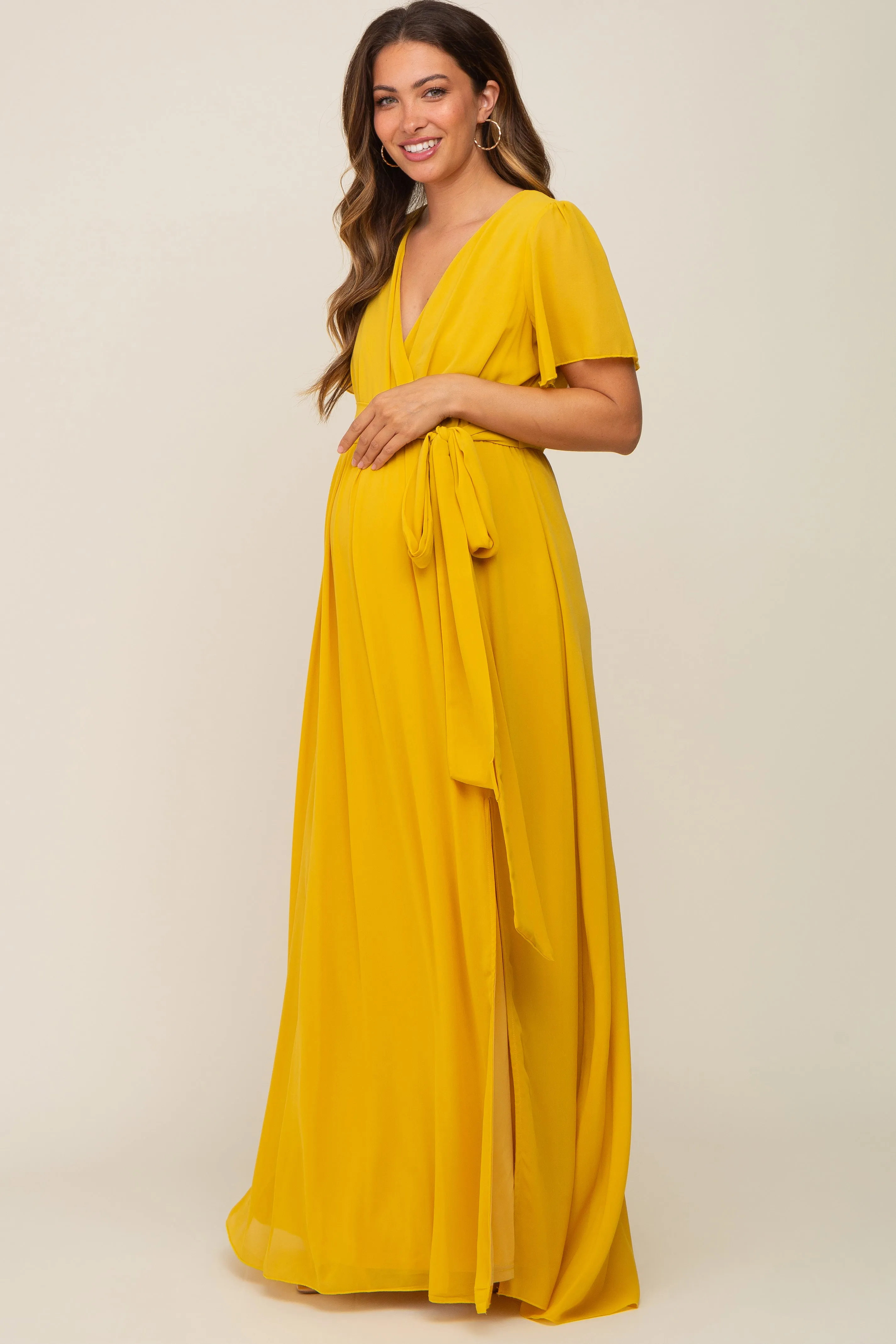Yellow Chiffon Short Sleeve Wrap V-Neck Front Slit Maternity Maxi Dress sold by Pinkblush product image thumbnail 2