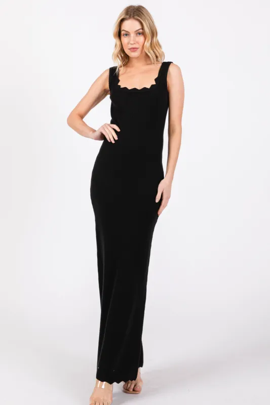 Black Ribbed Scalloped Neck Sleeveless Low Back Maxi Dress sold by Pinkblush