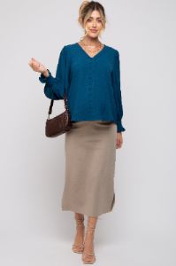 Teal Button Front Long Smocked Sleeve Maternity Blouse sold by Pinkblush