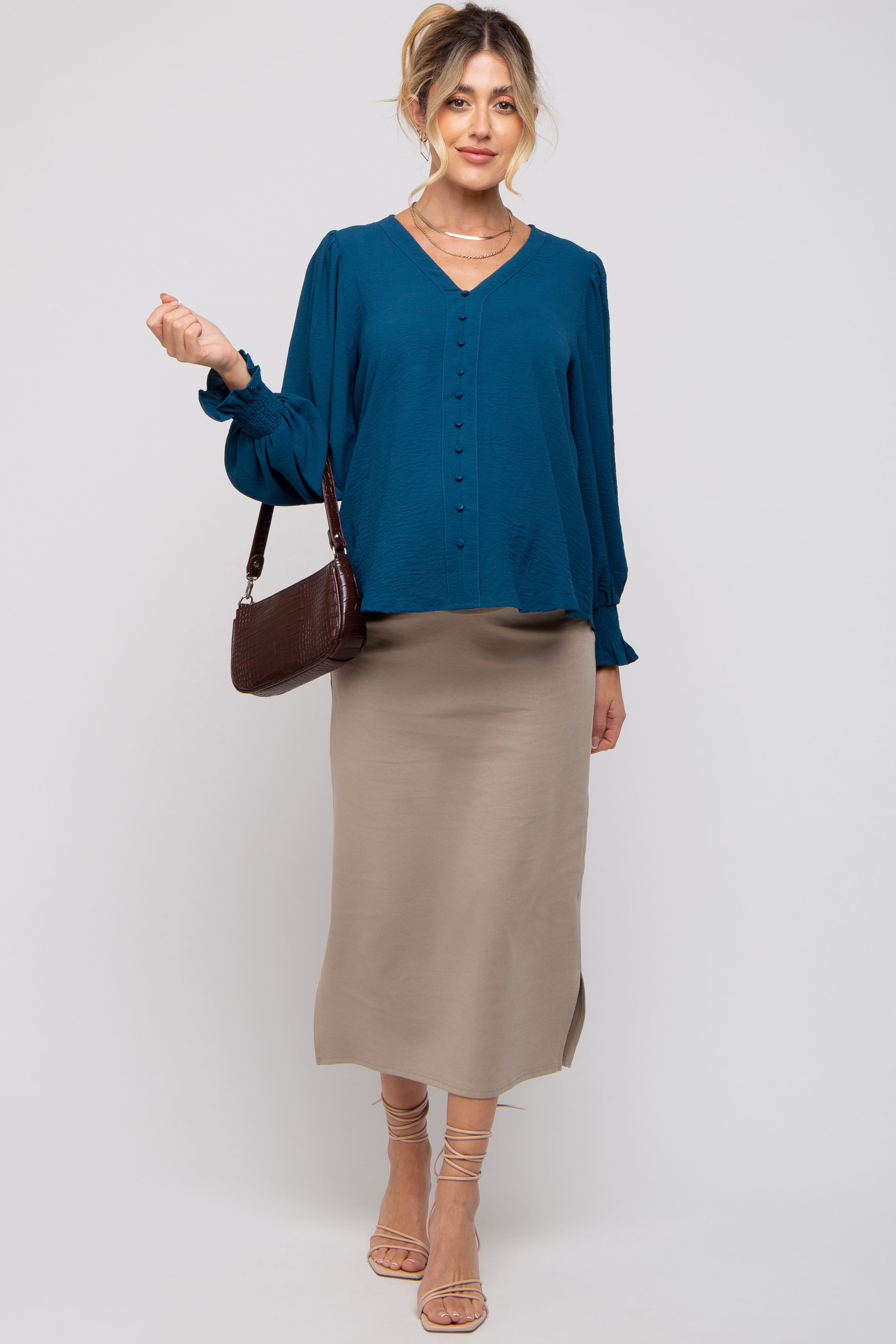 Teal Button Front Long Smocked Sleeve Maternity Blouse sold by Pinkblush product image thumbnail 2