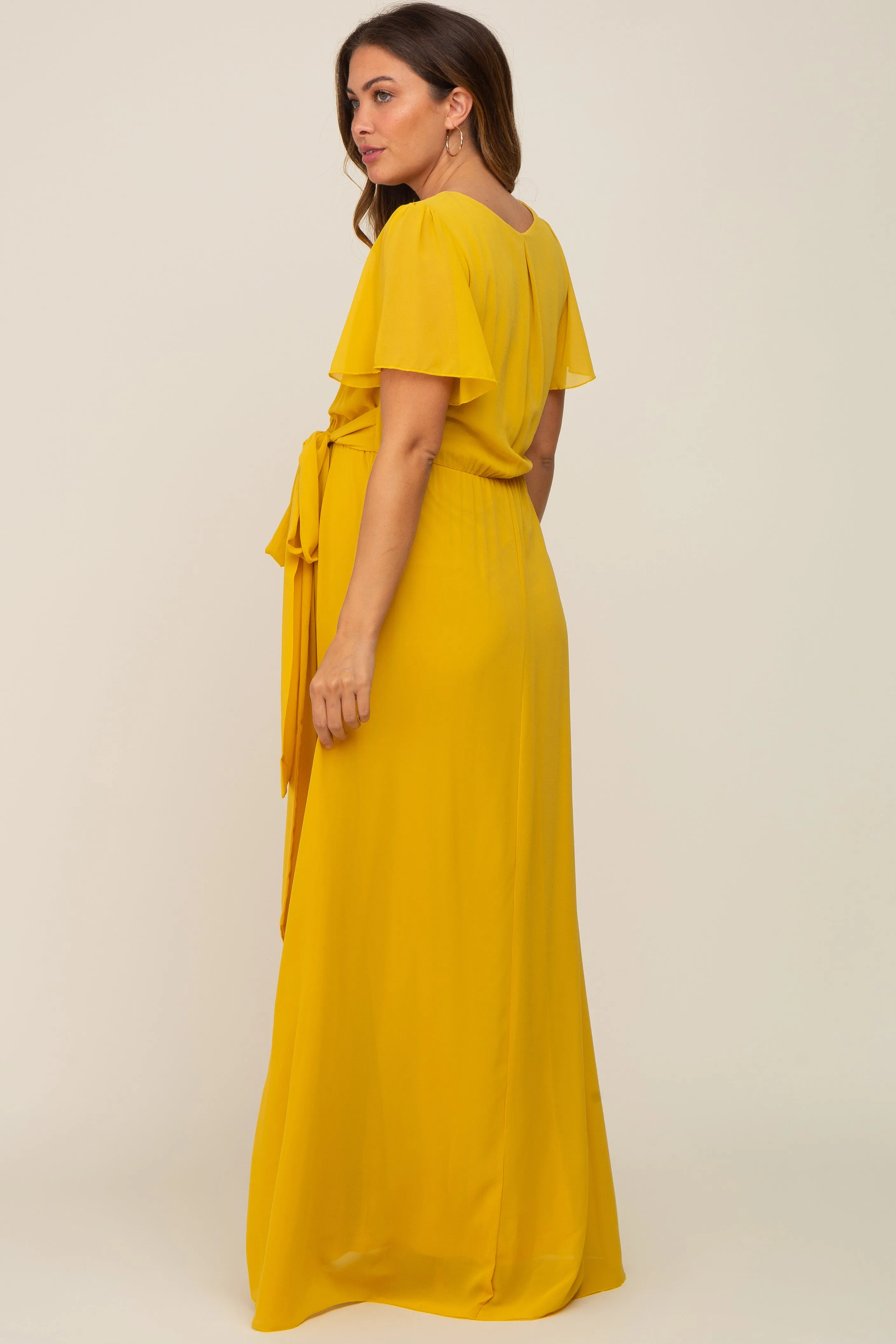 Yellow Chiffon Short Sleeve Wrap V-Neck Front Slit Maternity Maxi Dress sold by Pinkblush product image thumbnail 3