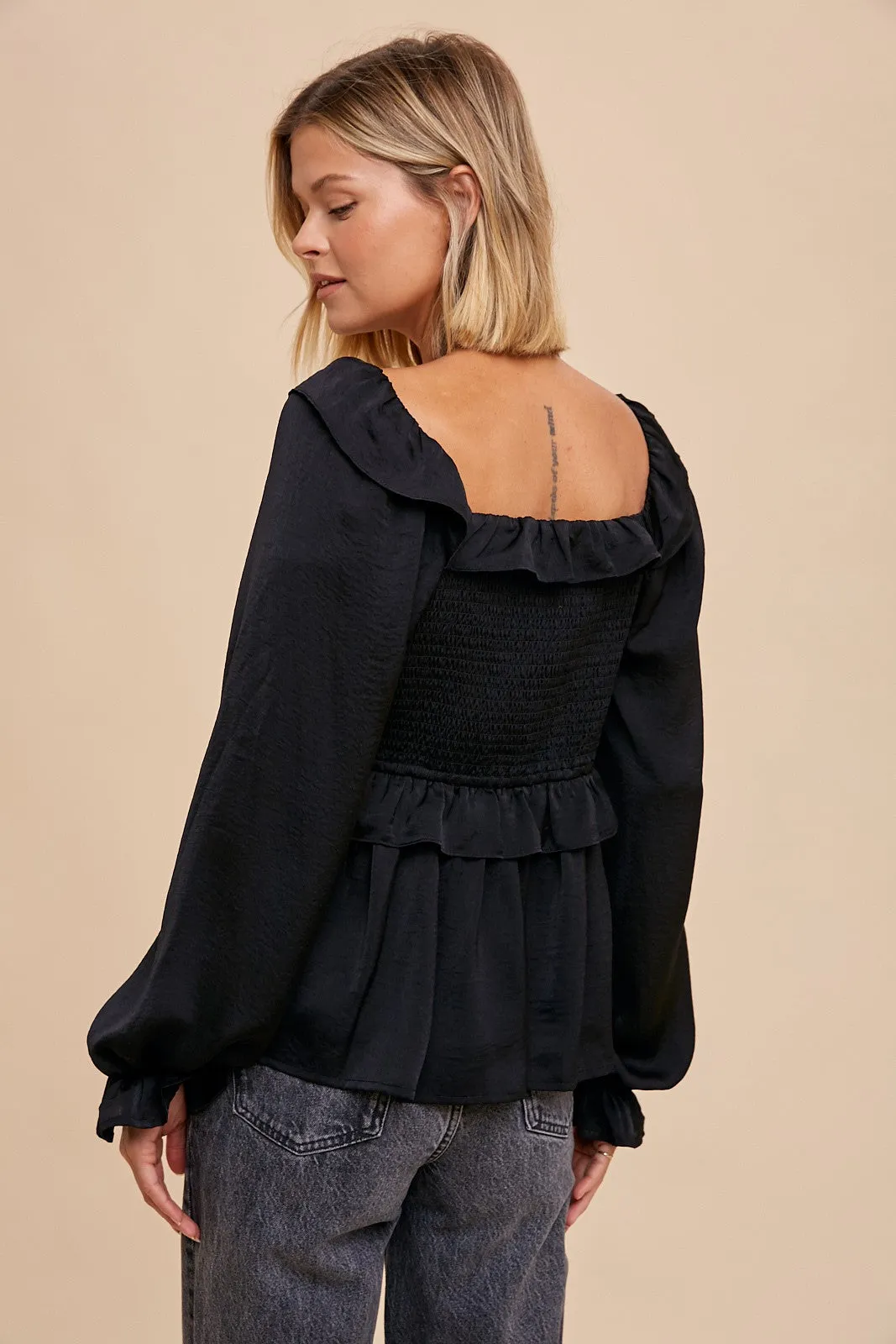 Black Washed Satin Cross Ruffled Long Sleeve Blouse sold by Pinkblush product image thumbnail 3