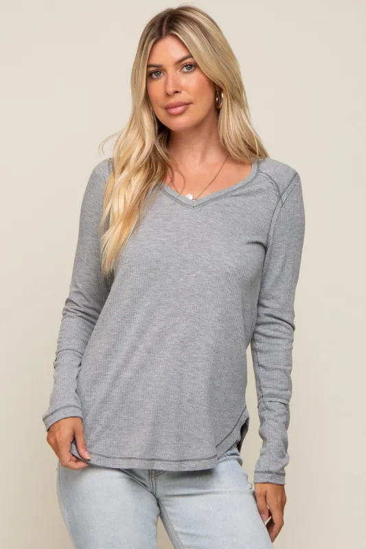 Heather Grey Long Sleeve Knit Curved Hem Top sold by Pinkblush