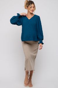 Teal Button Front Long Smocked Sleeve Maternity Blouse sold by Pinkblush