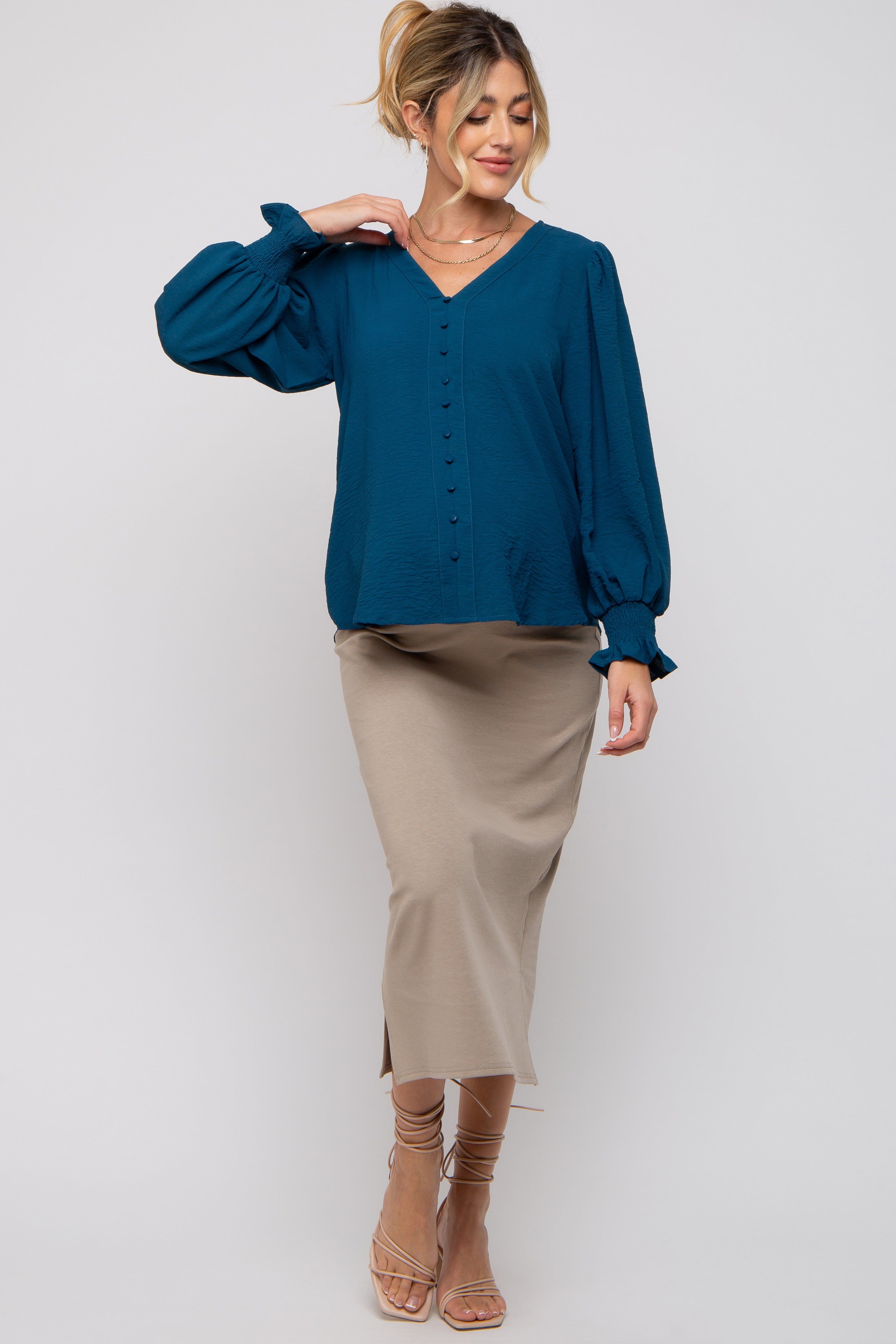 Teal Button Front Long Smocked Sleeve Maternity Blouse sold by Pinkblush product image thumbnail 3