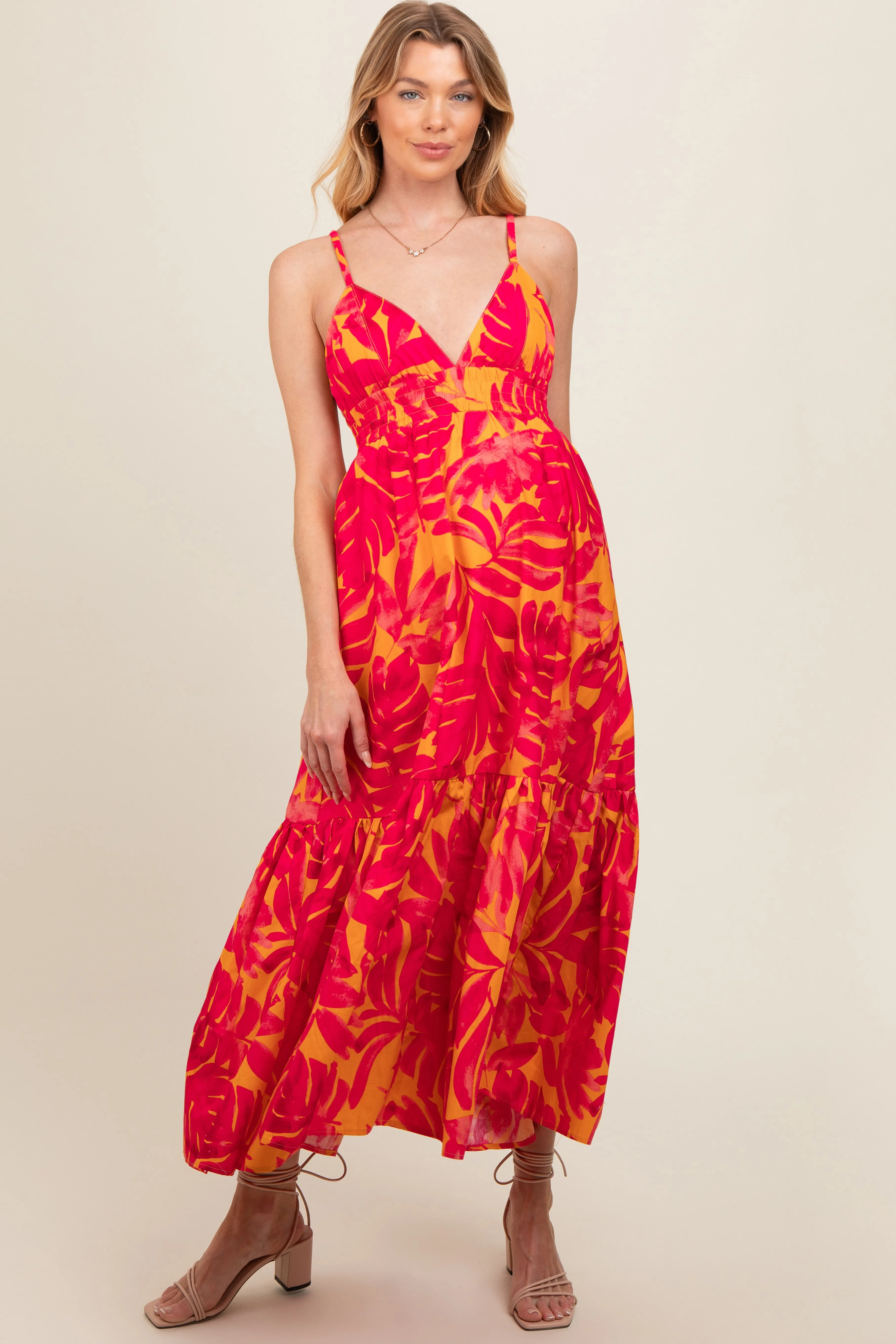 Coral Leaf Print Open Back Maternity Midi Dress sold by Pinkblush product image thumbnail 2