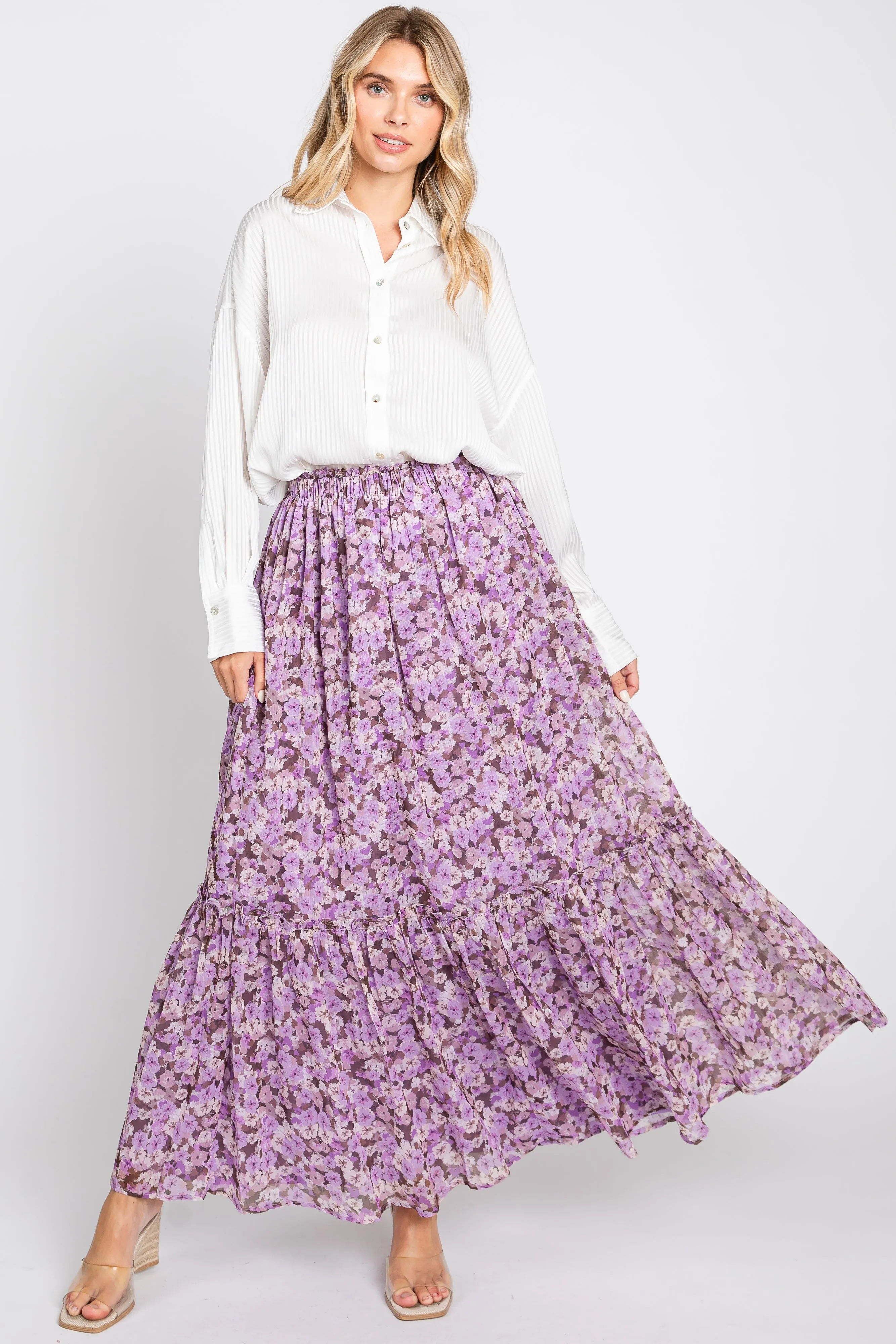 Lavender Smocked Waist Tiered Maxi Skirt sold by Pinkblush product image thumbnail 4