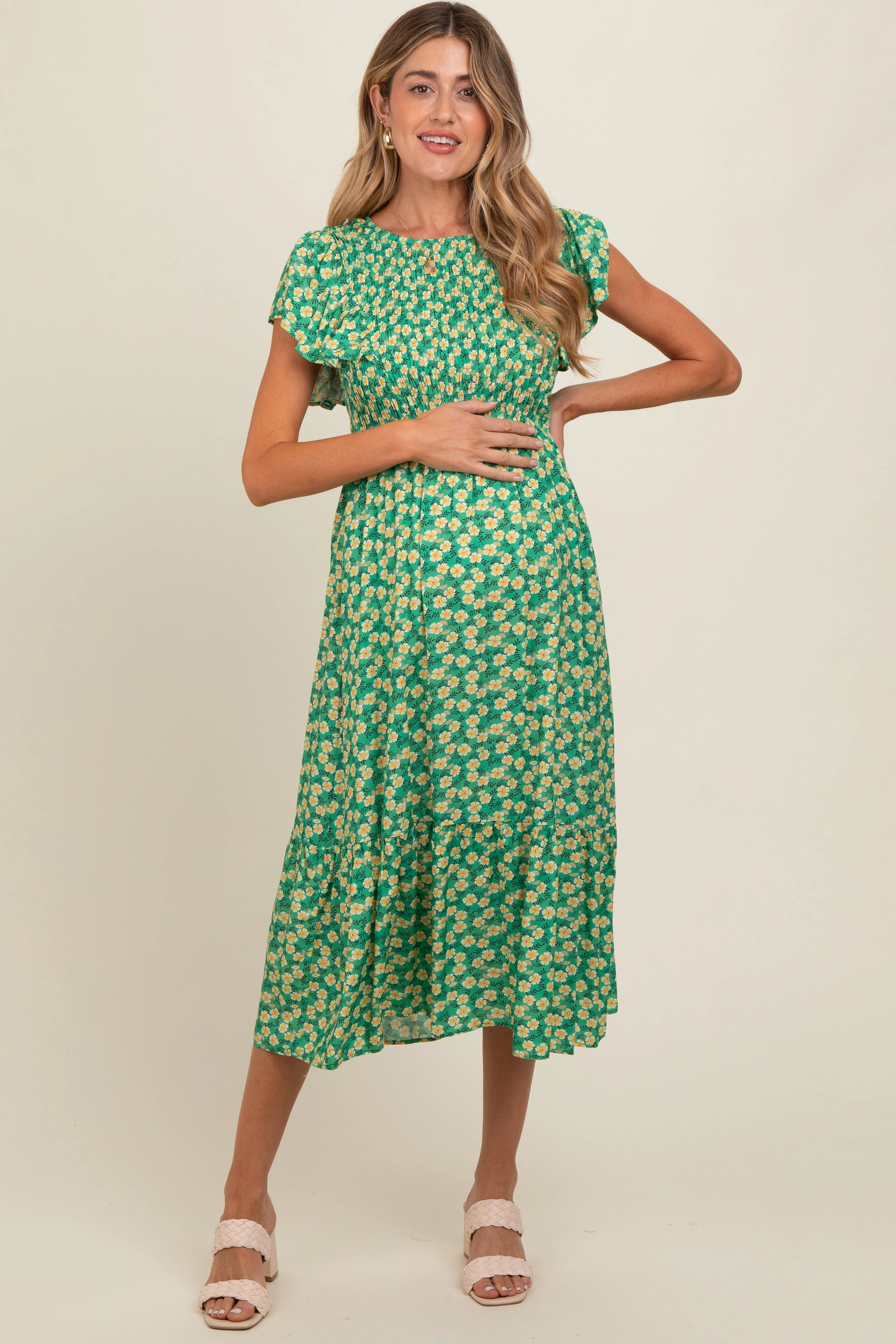 Green Floral Smocked Maternity Midi Dress sold by Pinkblush product image thumbnail 2