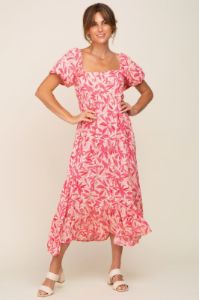 Fuchsia Floral Puff Sleeve Midi Dress sold by Pinkblush