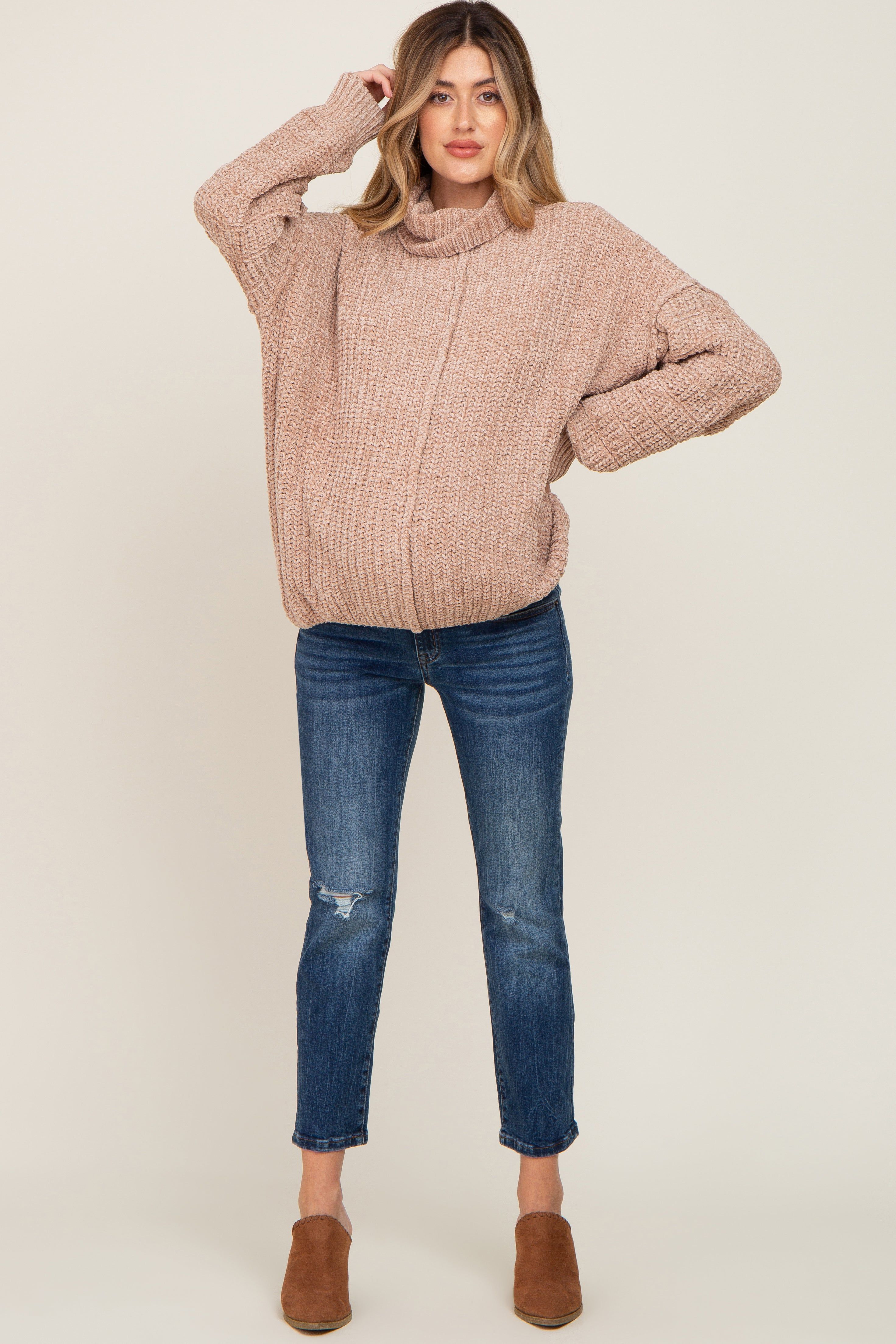 Taupe Soft Chenille Turtle Neck Maternity Sweater sold by Pinkblush product image thumbnail 4