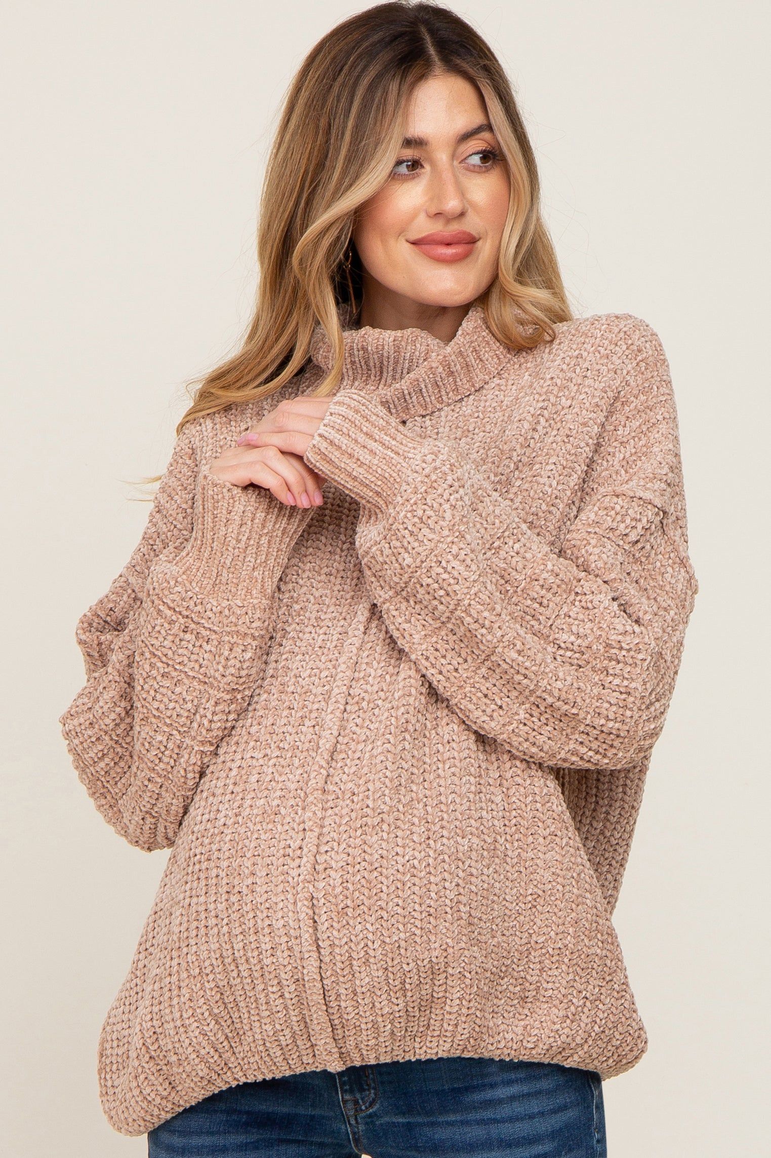 Taupe Soft Chenille Turtle Neck Maternity Sweater sold by Pinkblush